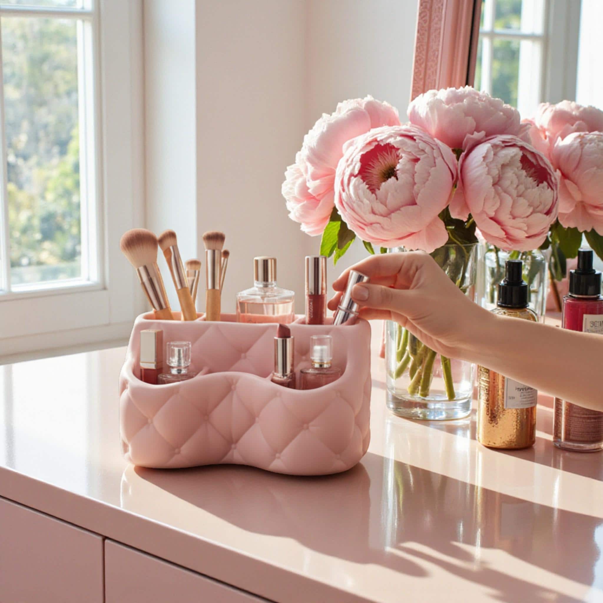 Organise your beauty space with this pink quilted vanity organizer tray, perfect for storing makeup, cosmetics, and everyday essentials.