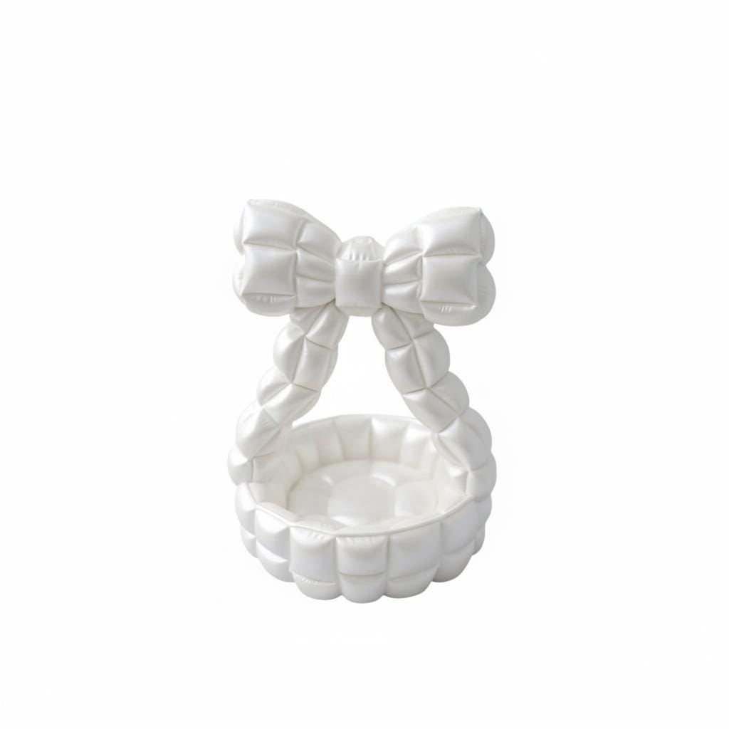 Quilted bow catchall basket used as jewelry dish on vanity, cute aesthetic decor
Pink bow jewelry holder with padded handle, decorative trinket dish for nightstand
Bow shaped quilted basket for rings and earrings, feminine desk and vanity organizer
Aesthetic bow catchall basket with quilted texture, stylish storage for small essentials