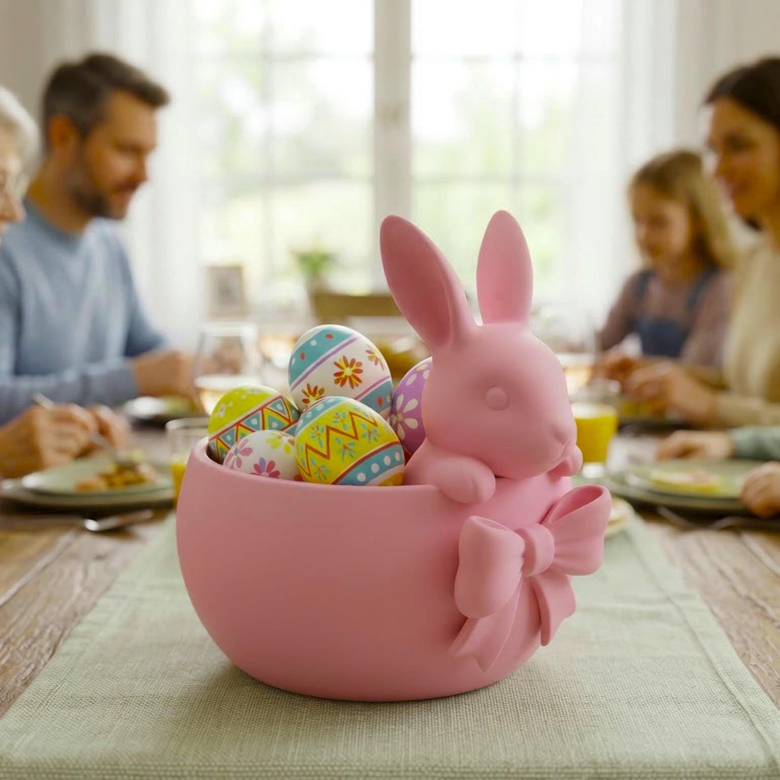 Pink Easter bowl with a bunny and bow detail, used as a cute candy dish for Easter eggs, chocolates, and spring table decor.