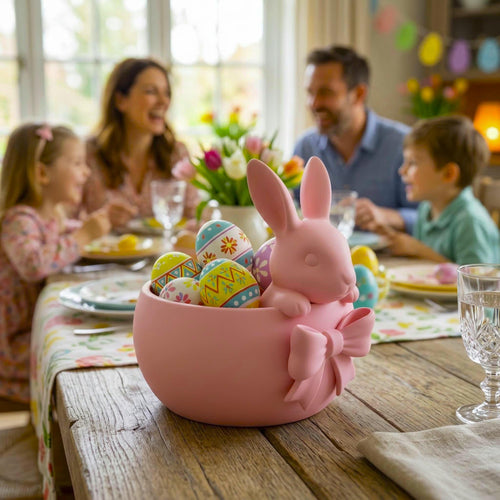 Pink Easter bowl with a bunny and bow detail, used as a cute candy dish for Easter eggs, chocolates, and spring table decor.