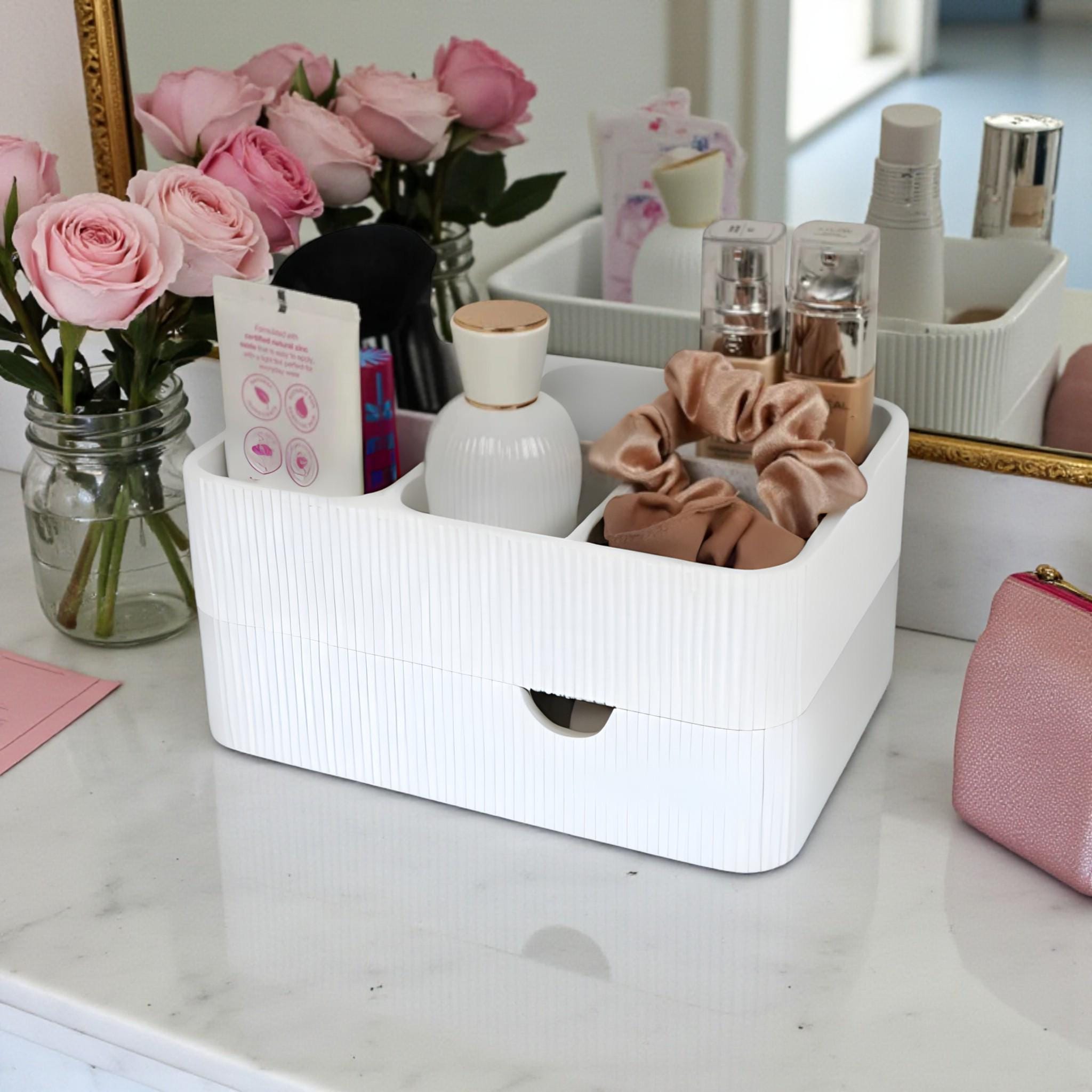 Organize your vanity with this stylish makeup organizer with drawer. Perfect for storing cosmetics, brushes, skincare and beauty accessories.