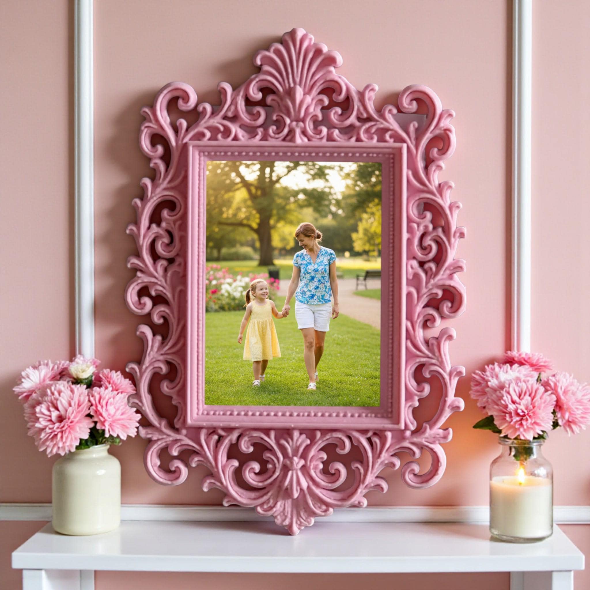 May include: A decorative pink picture frame with an elaborate, swirling design. The frame contains a photograph of a woman and child in a park. The frame is on a white shelf, with pink flowers and a candle.