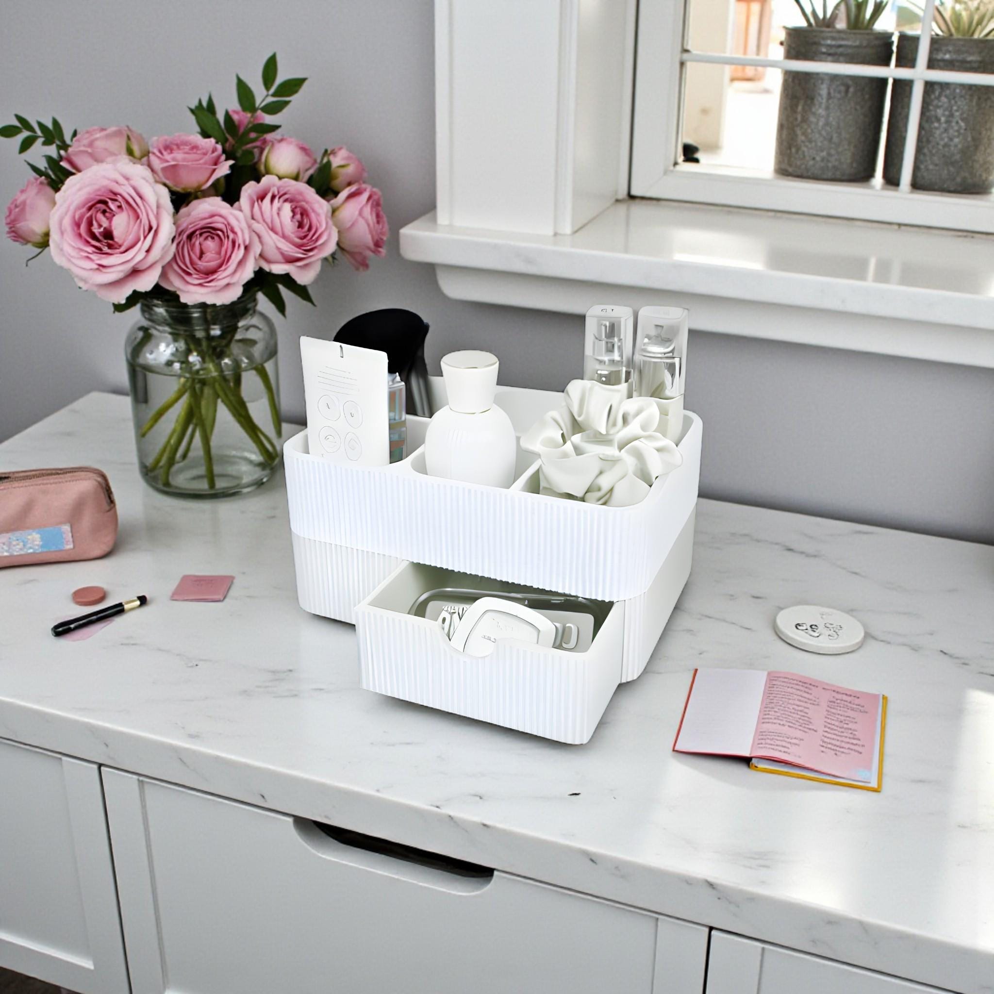 Organize your vanity with this stylish makeup organizer with drawer. Perfect for storing cosmetics, brushes, skincare and beauty accessories.