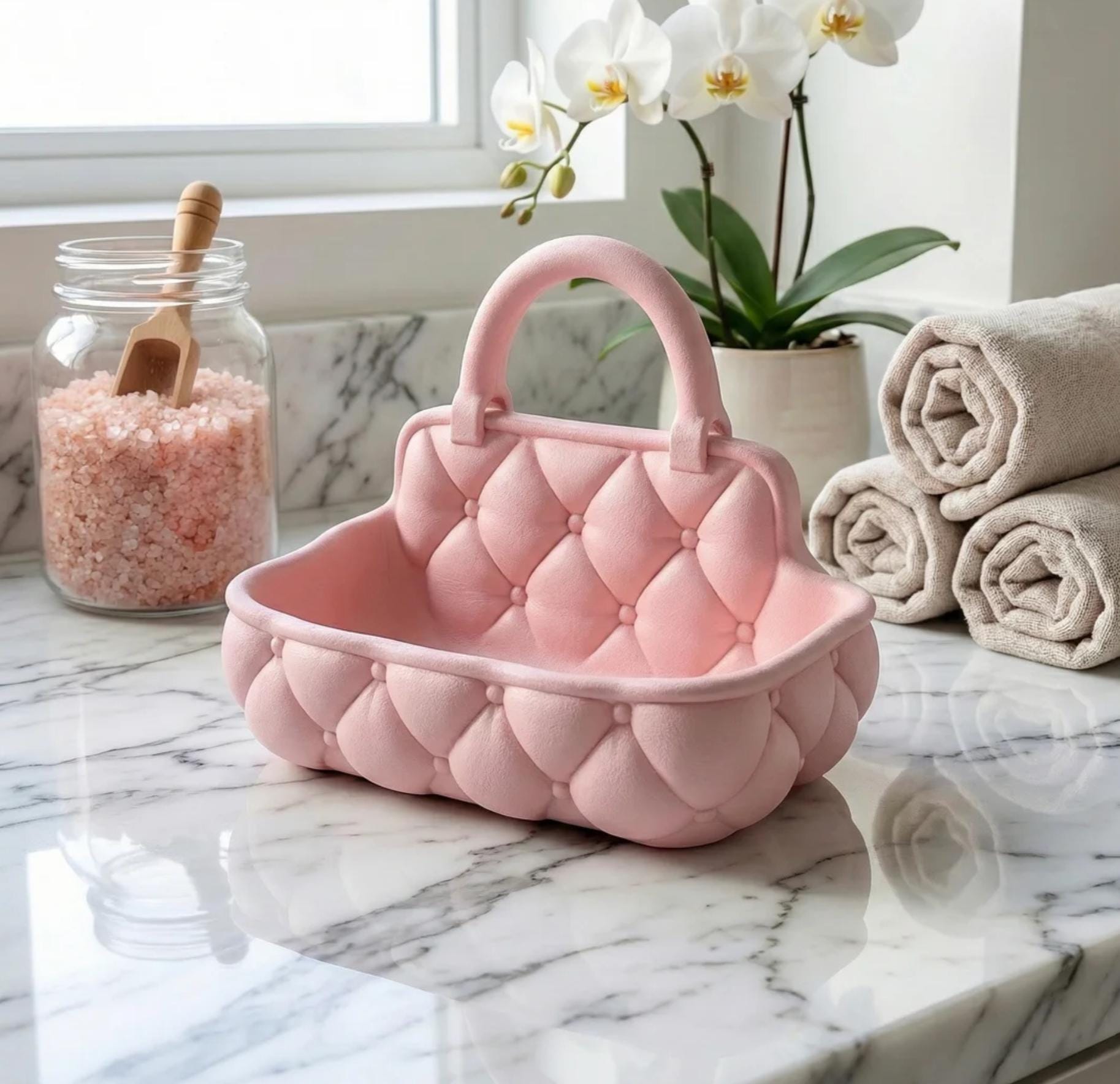 Quilted catchall basket with tufted detailing on vanity countertop, plush makeup and skincare organizer
Soft padded vanity basket with handle holding makeup brushes and skincare bottles
Decorative quilted organizer basket for bathroom or dresser storage
Aesthetic vanity catchall basket used for jewelry, makeup, and daily essentials