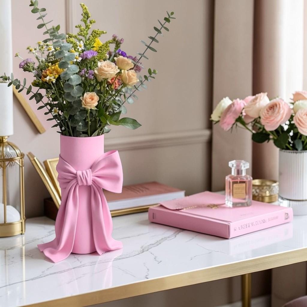 pink vase, bow vase, cute vase, feminine vase, coquette decor, girly home decor, pink room decor, decorative vase, gift for her, gift for women, flower vase, shelf decor, vanity decor