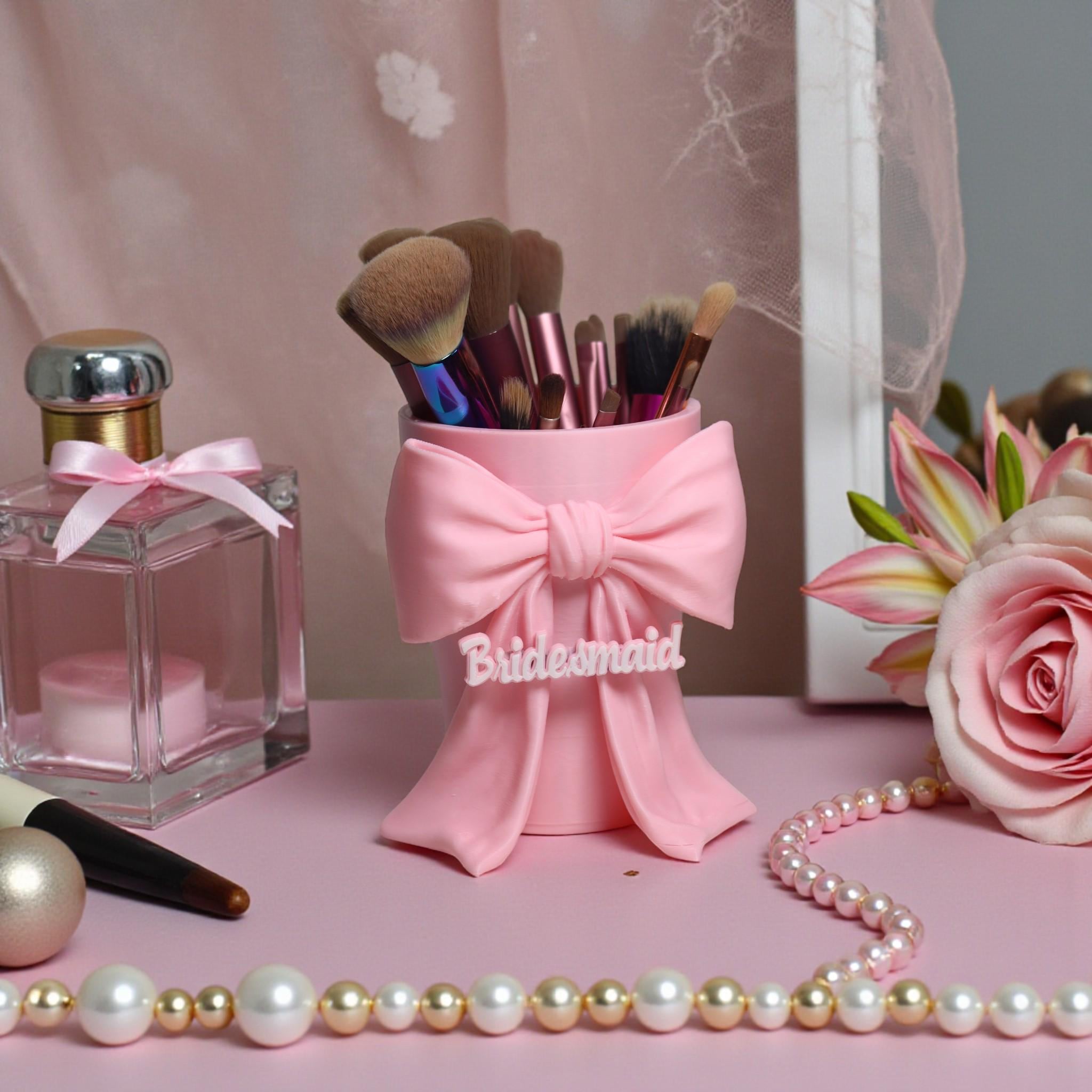 Personalised Pink Bow Makeup Brush Holder – Cute Vanity Organizer, Coquette Makeup Brush Cup, Girly Desk Organizer, Beauty Storage Gift for Her