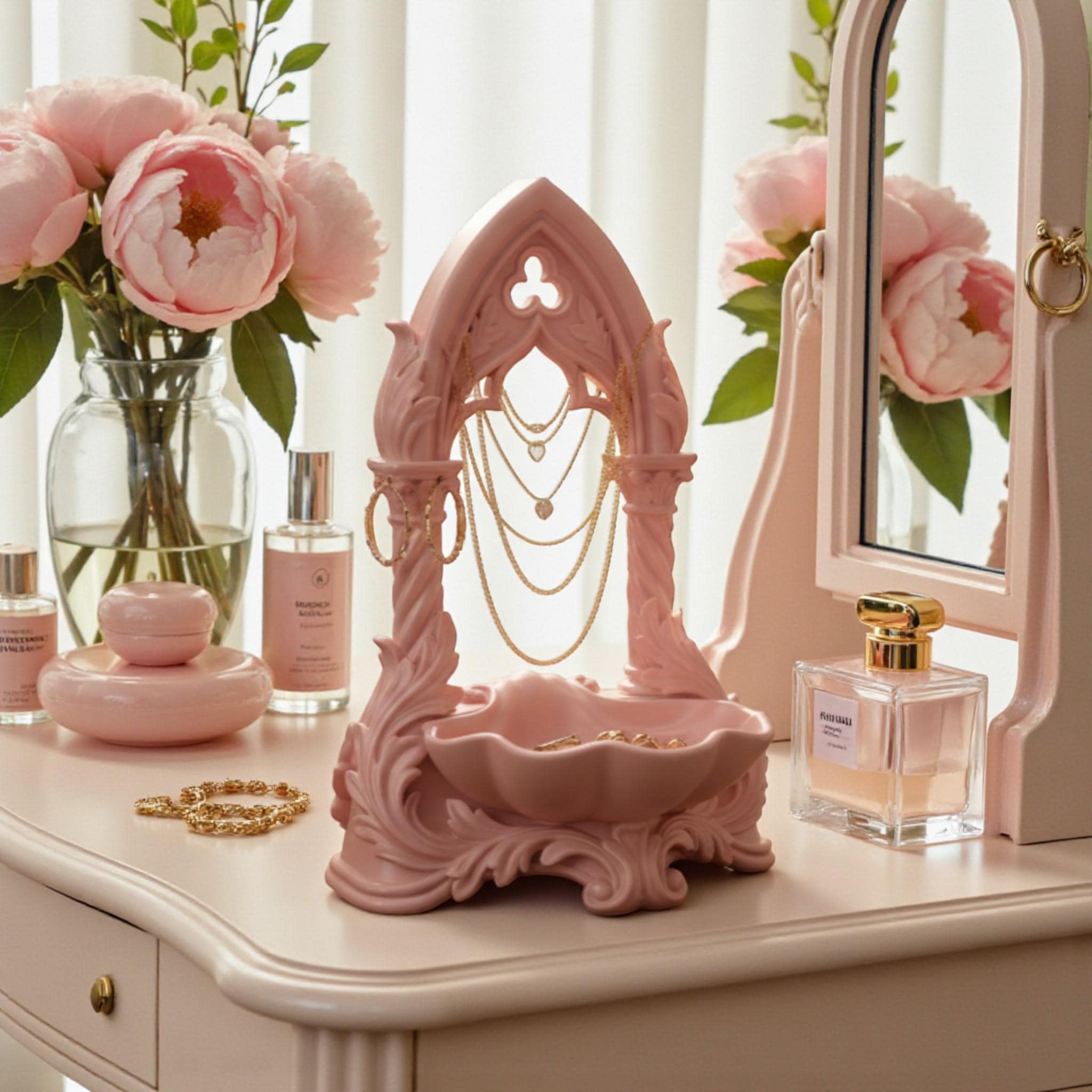 May include: A pink jewellery organiser with an arched design, displaying gold necklaces and earrings. A small dish at the base holds extra jewellery. The organiser sits on a dressing table with a mirror, perfume, and a vase of pink flowers.