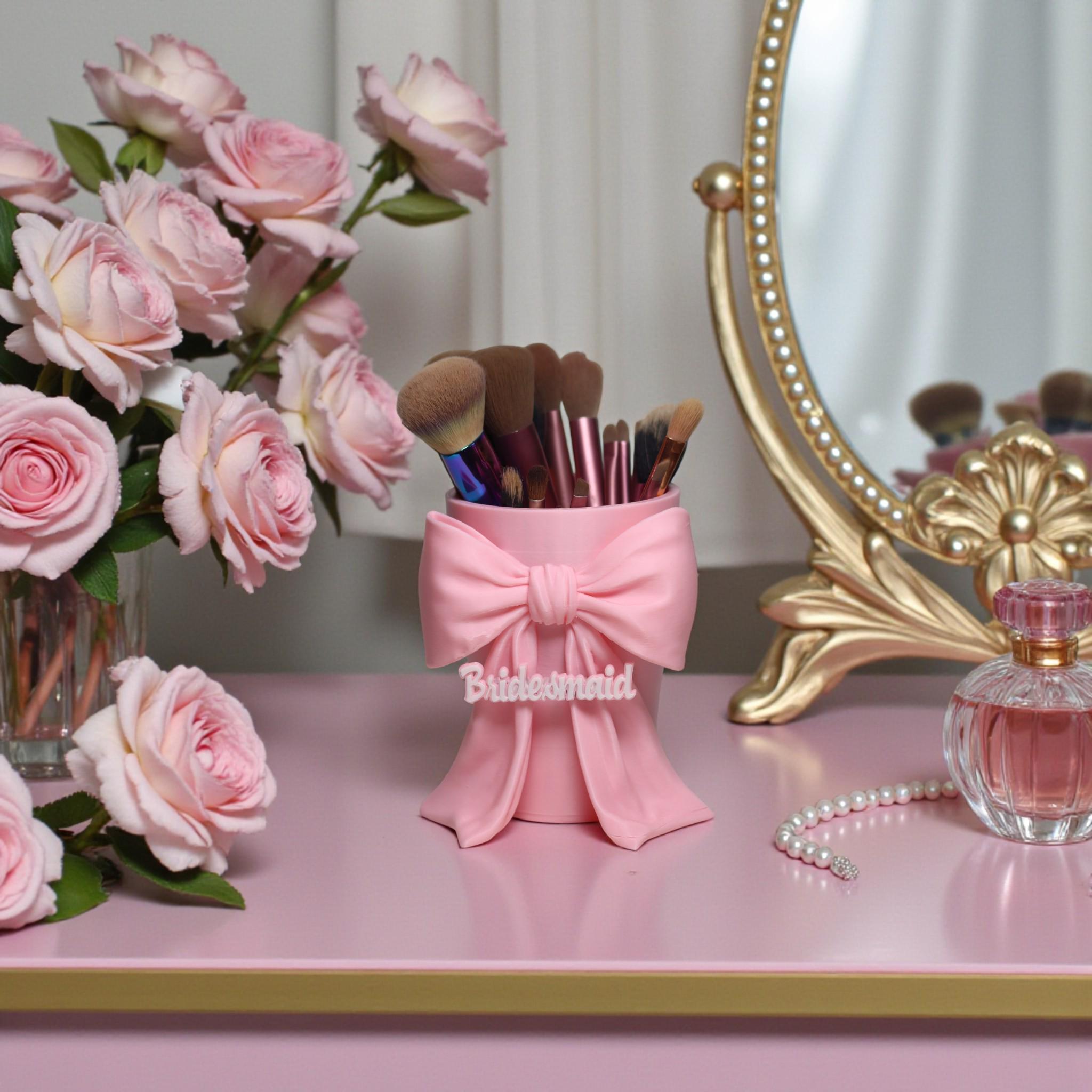 Personalised Pink Bow Makeup Brush Holder – Cute Vanity Organizer, Coquette Makeup Brush Cup, Girly Desk Organizer, Beauty Storage Gift for Her