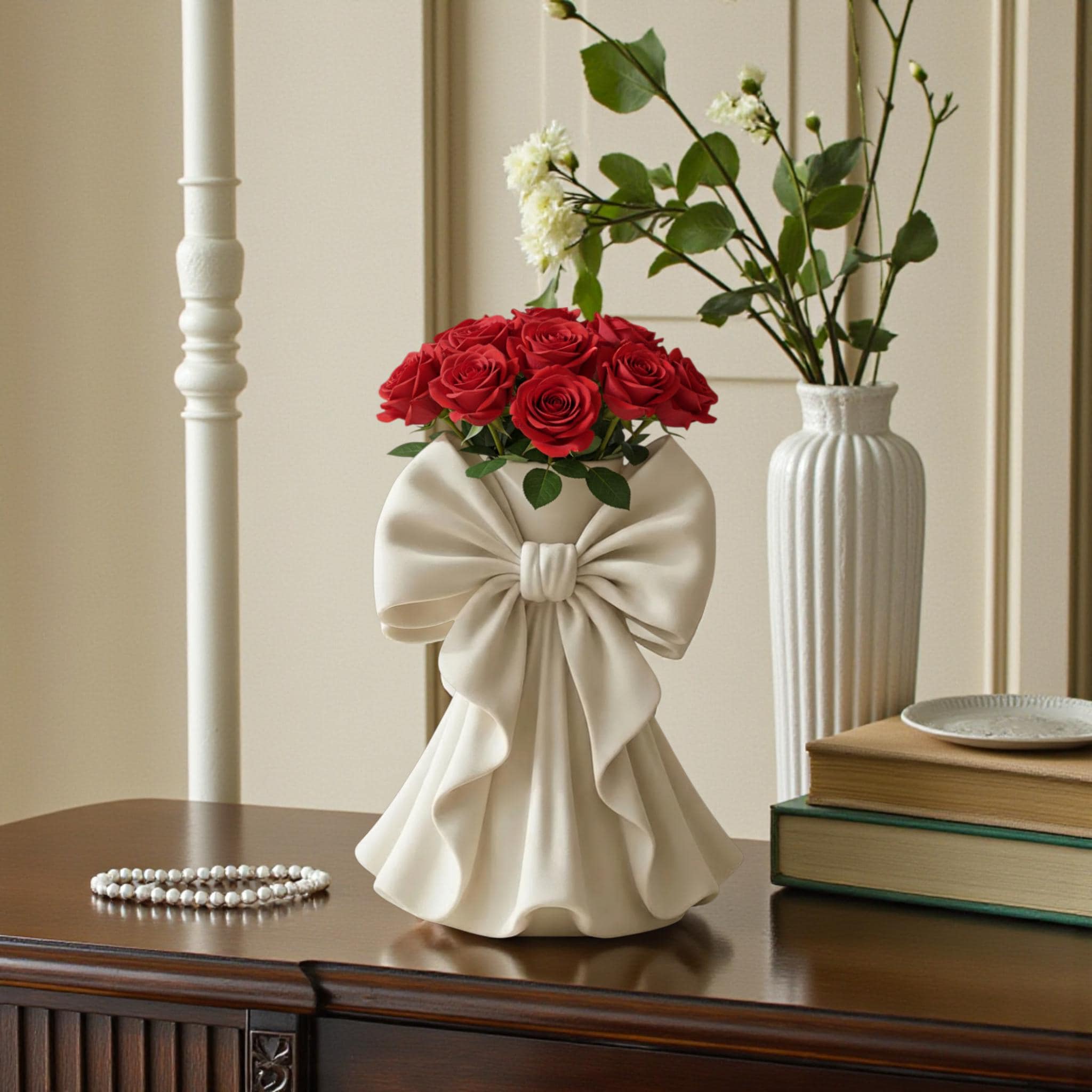Coquette bow vase with pleated fabric-style design in soft pink on a vanity table
Romantic bow flower vase styled with roses and feminine home decor
Sculptural bow vase with matte finish for bridal and coquette interiors
Feminine decorative vase with gift-inspired silhouette and elegant bow
 Soft aesthetic flower vase designed for romantic and luxury spaces