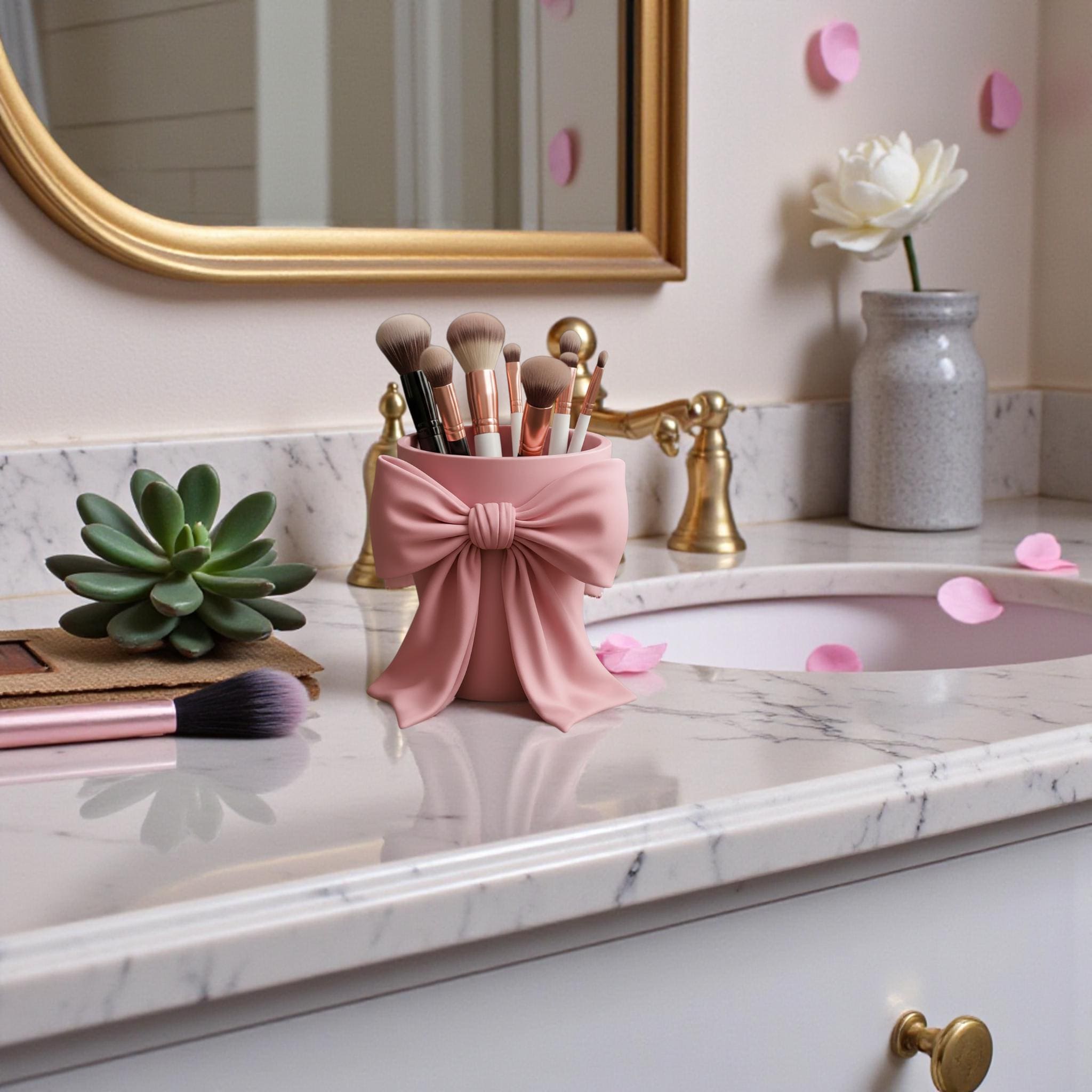 May include: A pink makeup brush holder with a bow design, holding several makeup brushes. Other pink makeup accessories are visible in the background, including a mirror and compacts. The scene is set on a white surface.