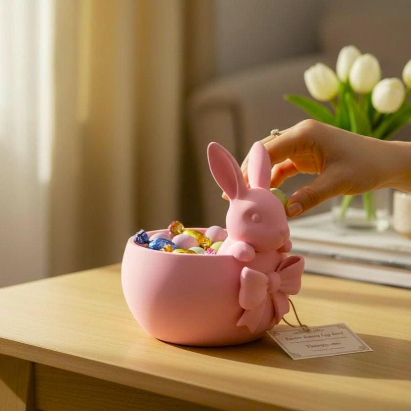 Pink Easter bowl with a bunny and bow detail, used as a cute candy dish for Easter eggs, chocolates, and spring table decor.