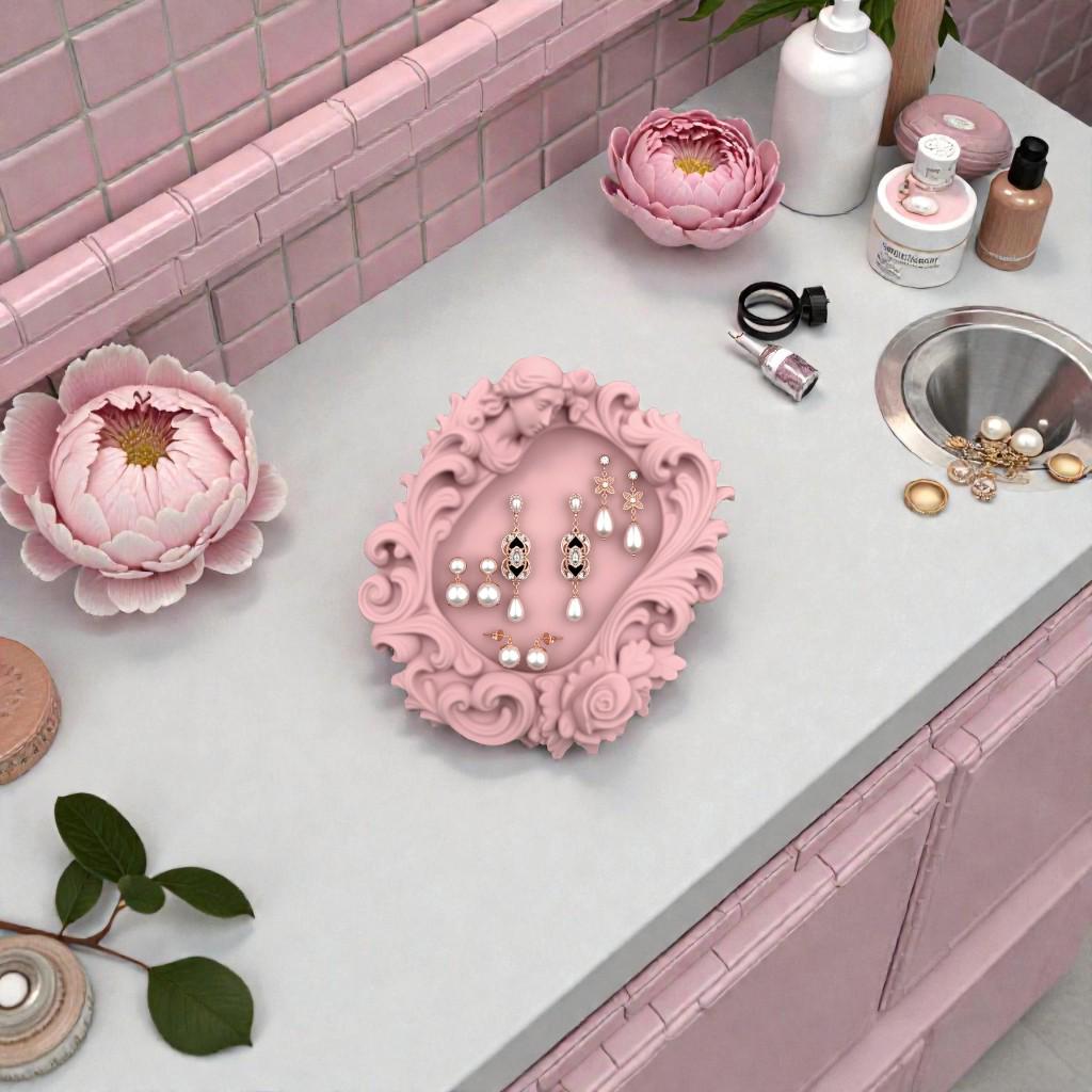 Pink rococo-style woman and rose catchall tray used as a jewelry dish, holding a gold ring, pearl earrings, and a necklace on a vanity surface.