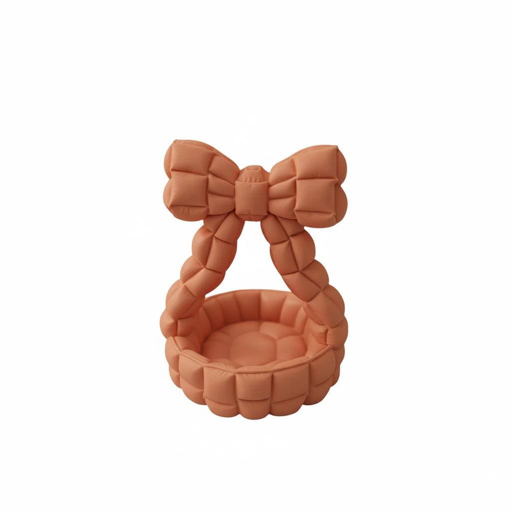 Quilted bow catchall basket used as jewelry dish on vanity, cute aesthetic decor
Pink bow jewelry holder with padded handle, decorative trinket dish for nightstand
Bow shaped quilted basket for rings and earrings, feminine desk and vanity organizer
Aesthetic bow catchall basket with quilted texture, stylish storage for small essentials
