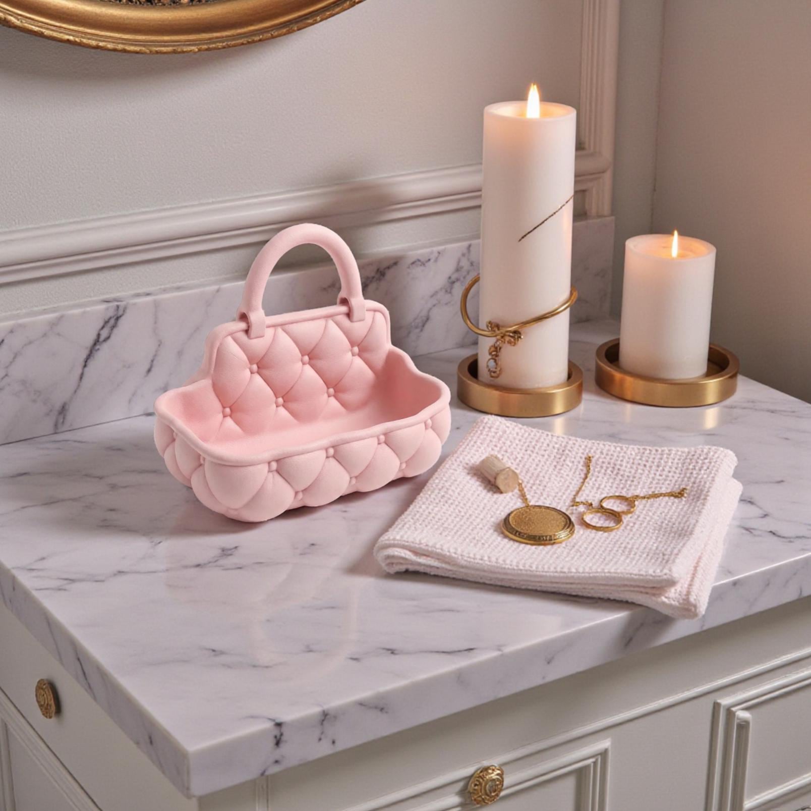 Quilted catchall basket with tufted detailing on vanity countertop, plush makeup and skincare organizer
Soft padded vanity basket with handle holding makeup brushes and skincare bottles
Decorative quilted organizer basket for bathroom or dresser storage
Aesthetic vanity catchall basket used for jewelry, makeup, and daily essentials