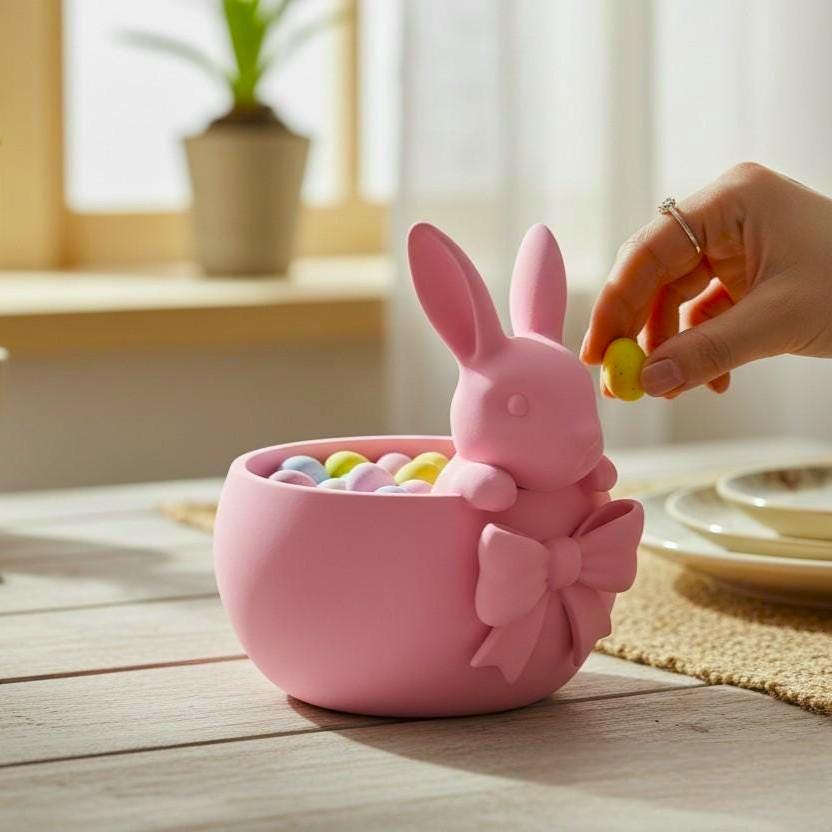 Pink Easter bowl with a bunny and bow detail, used as a cute candy dish for Easter eggs, chocolates, and spring table decor.