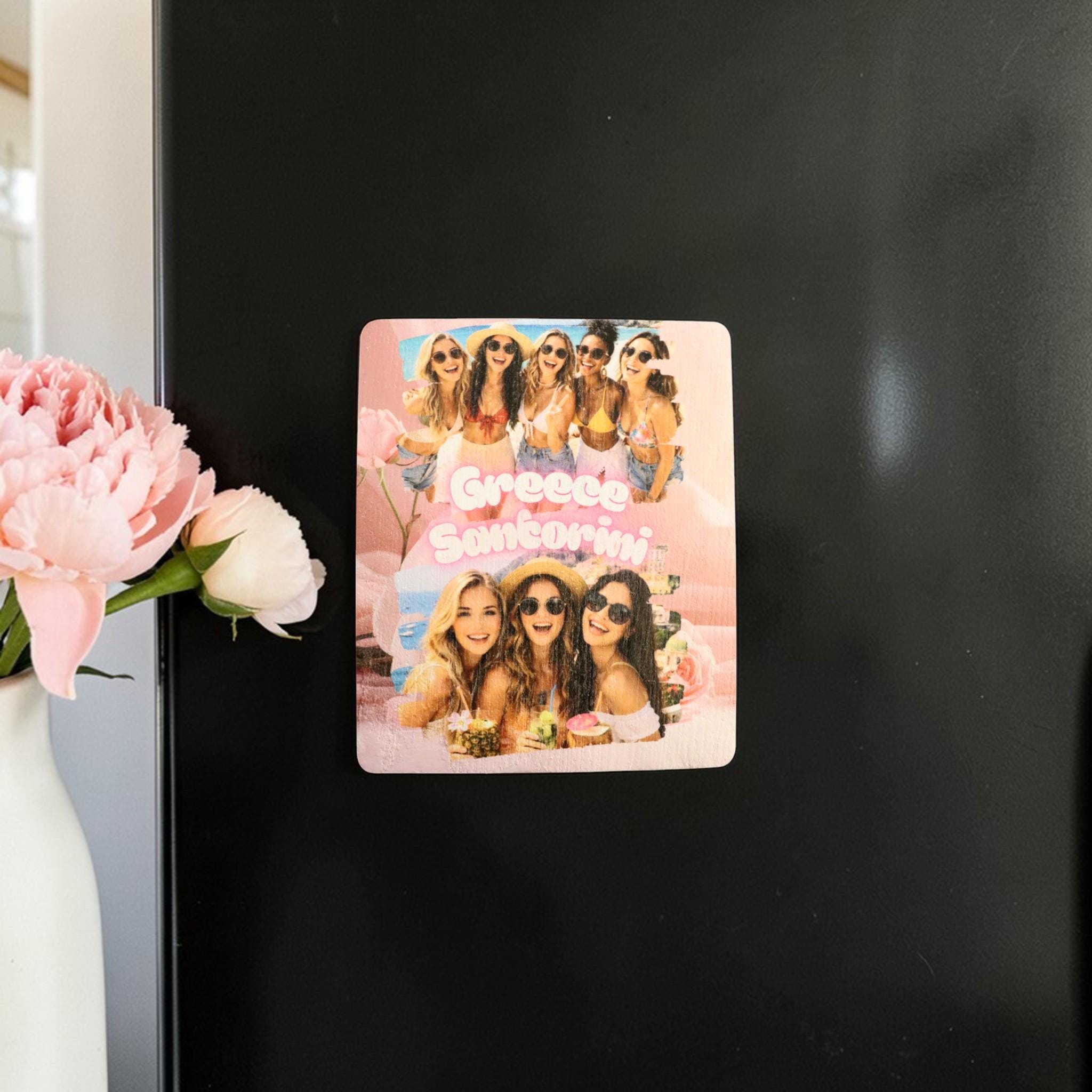 Custom Holiday Fridge Magnet, Personalised Photo Magnet for Friends, Girls Trip Gift, Wooden Travel Keepsake, Best Friend Vacation Gift