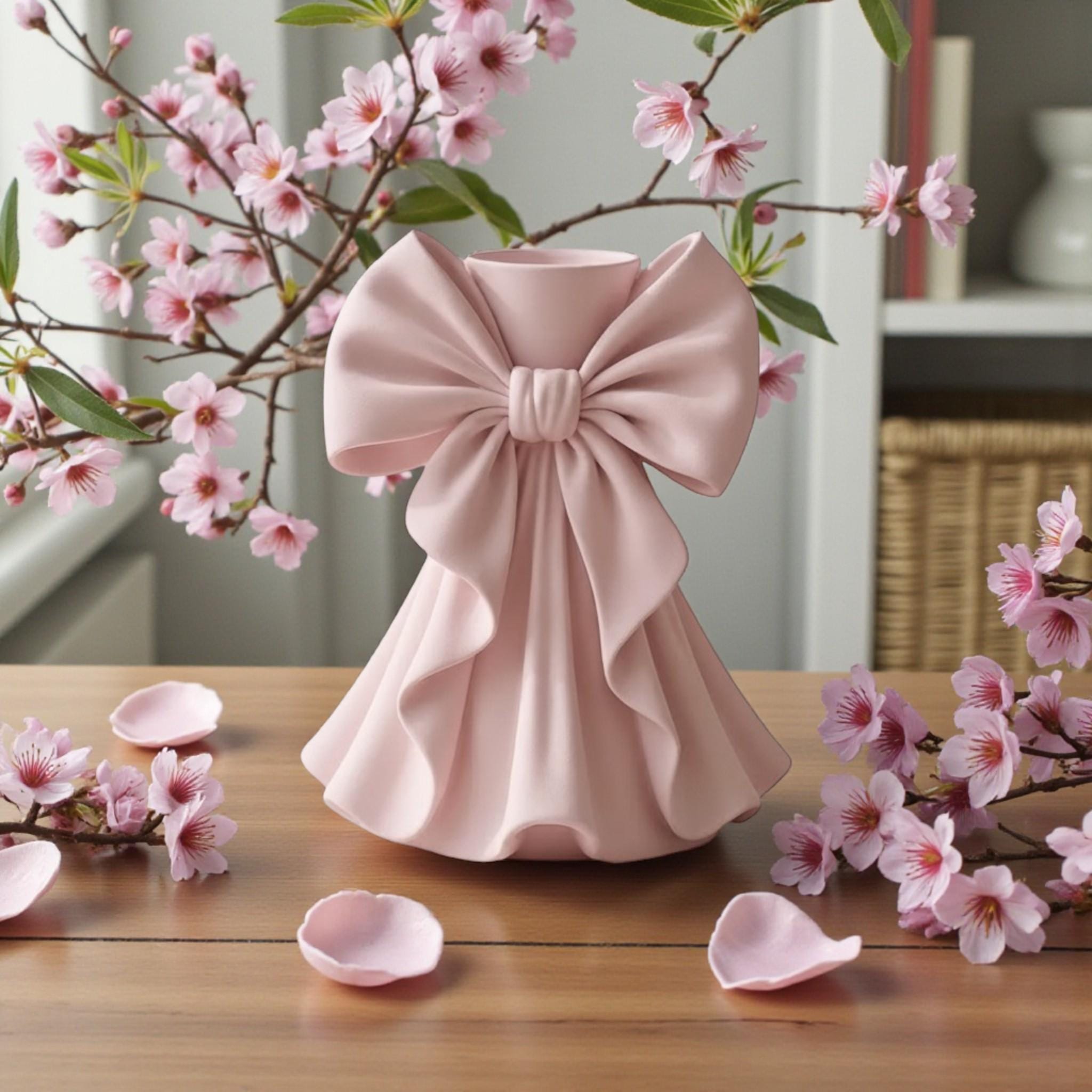 Coquette bow vase with pleated fabric-style design in soft pink on a vanity table
Romantic bow flower vase styled with roses and feminine home decor
Sculptural bow vase with matte finish for bridal and coquette interiors
Feminine decorative vase with gift-inspired silhouette and elegant bow
 Soft aesthetic flower vase designed for romantic and luxury spaces
