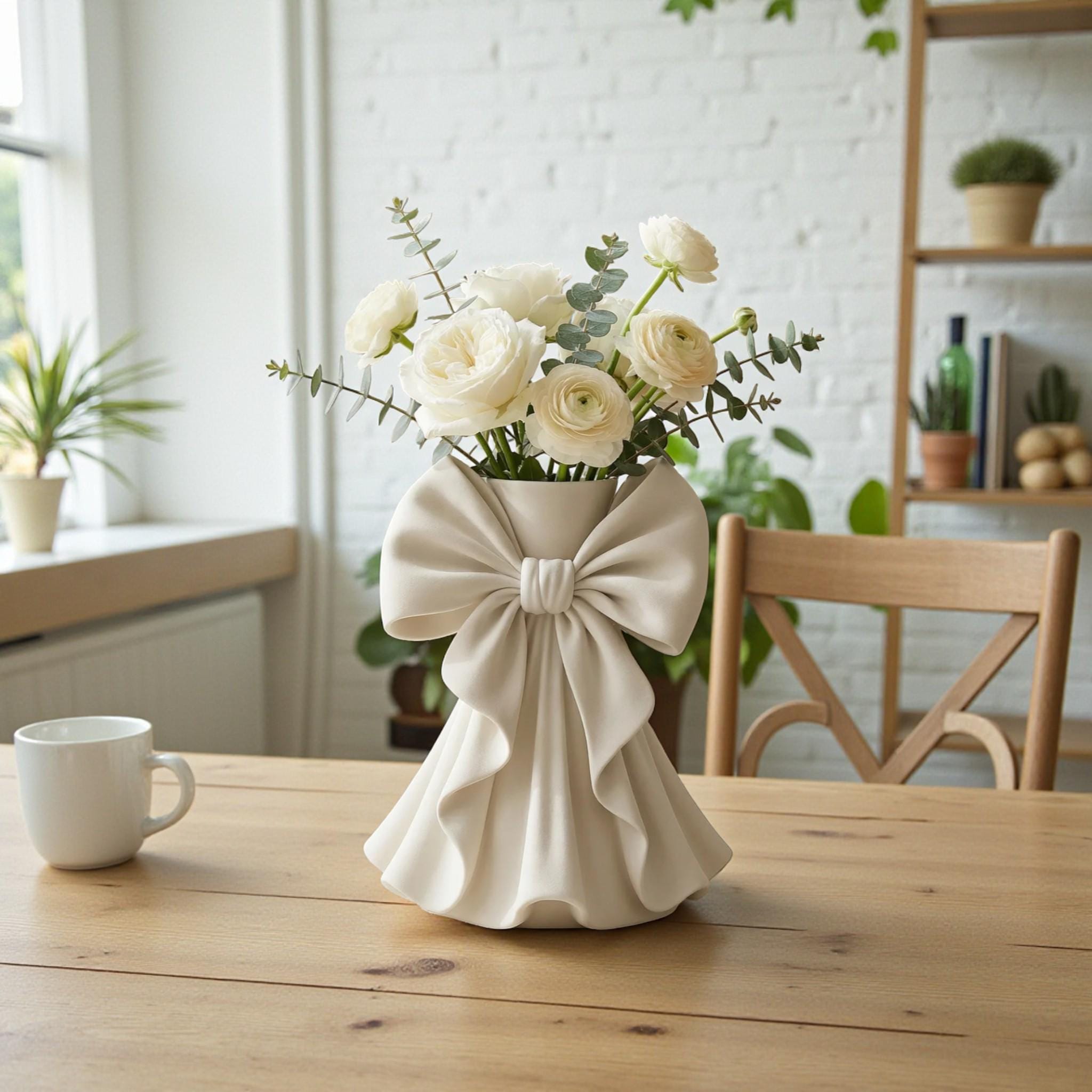 Coquette bow vase with pleated fabric-style design in soft pink on a vanity table
Romantic bow flower vase styled with roses and feminine home decor
Sculptural bow vase with matte finish for bridal and coquette interiors
Feminine decorative vase with gift-inspired silhouette and elegant bow
 Soft aesthetic flower vase designed for romantic and luxury spaces