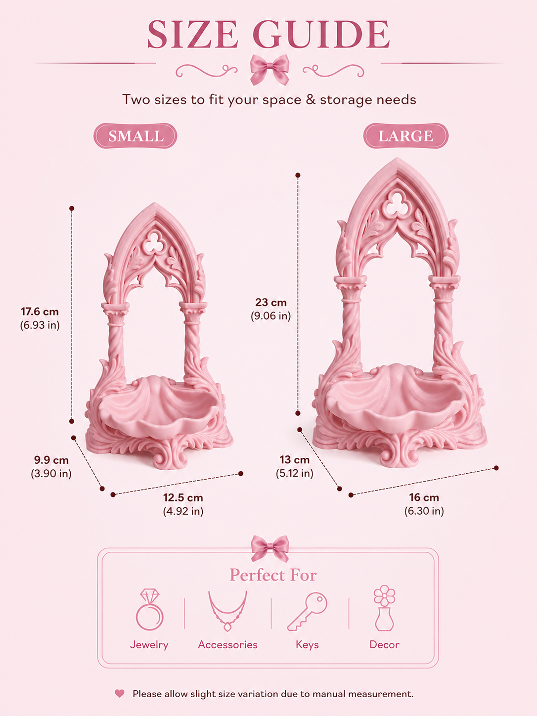 May include: A pink jewellery organiser with an arched design, displaying gold necklaces and earrings. A small dish at the base holds extra jewellery. The organiser sits on a dressing table with a mirror, perfume, and a vase of pink flowers.