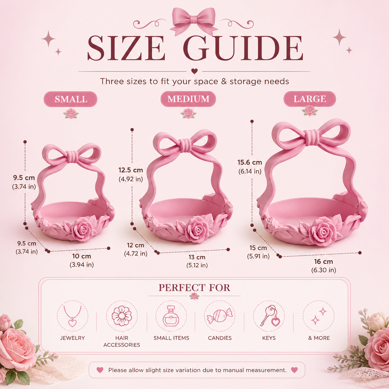 Pink Bow Basket, Coquette Vanity Tray, Floral Rose Organizer