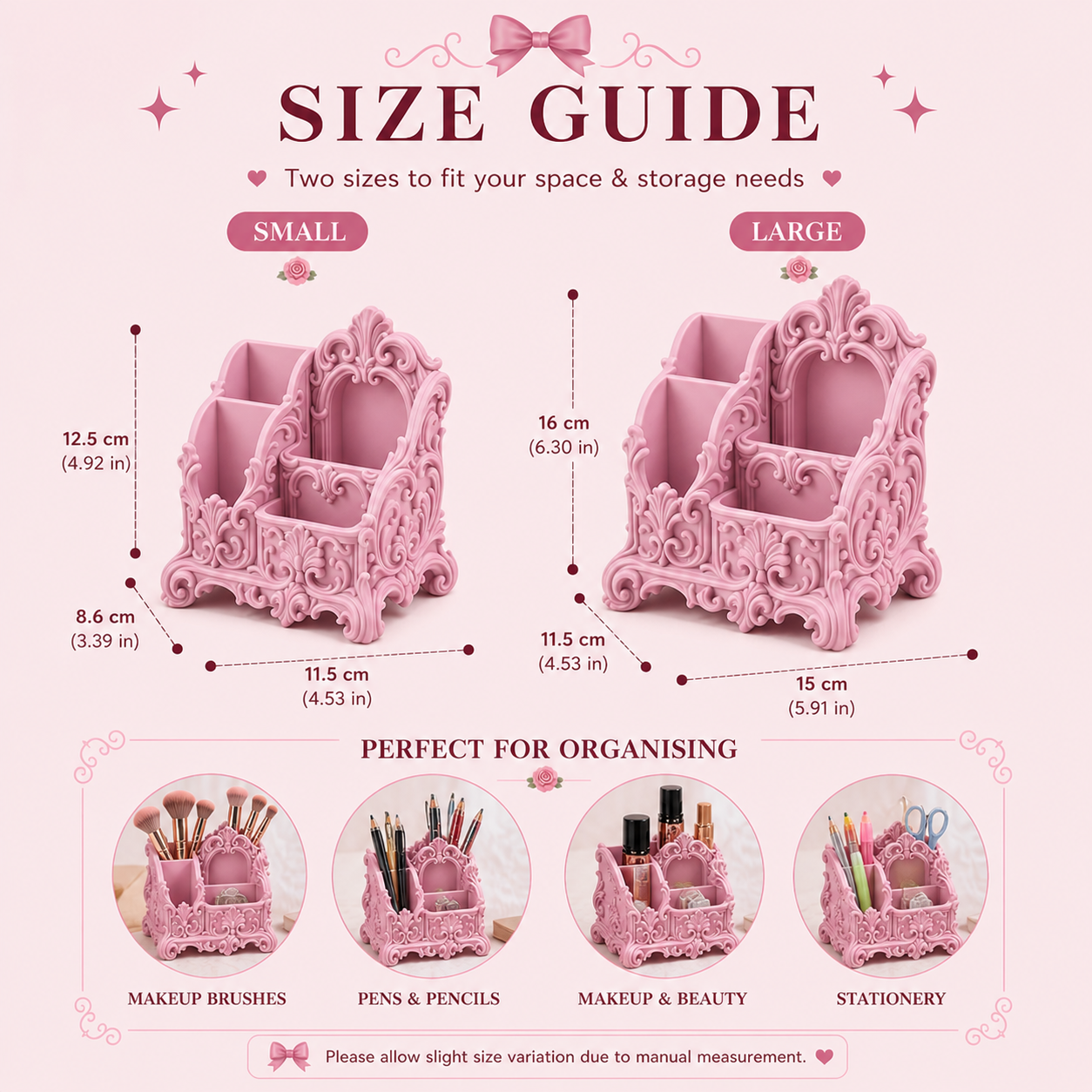 Designed with a soft coquette and rococo-inspired style, this piece is not just storage — it’s a statement. Whether you’re organising your workspace or your makeup brushes, it brings calm, order, and a touch of luxury to your everyday routine.