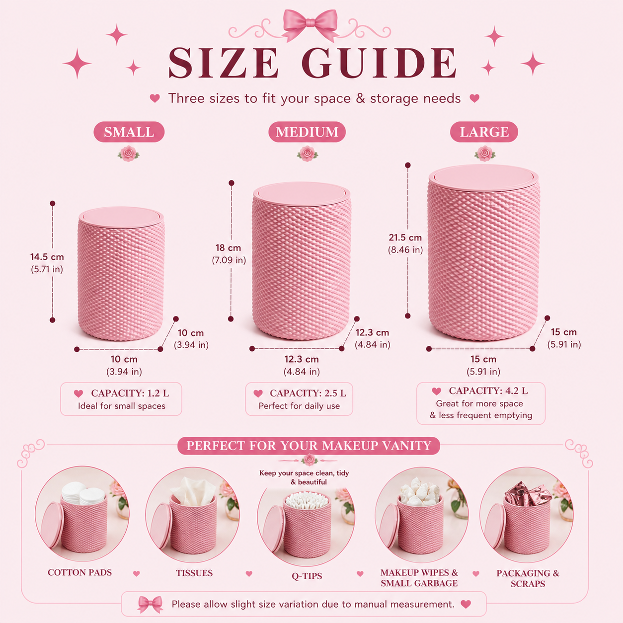 Pink textured trash can with a hand disposing of trash against a tiled wall.