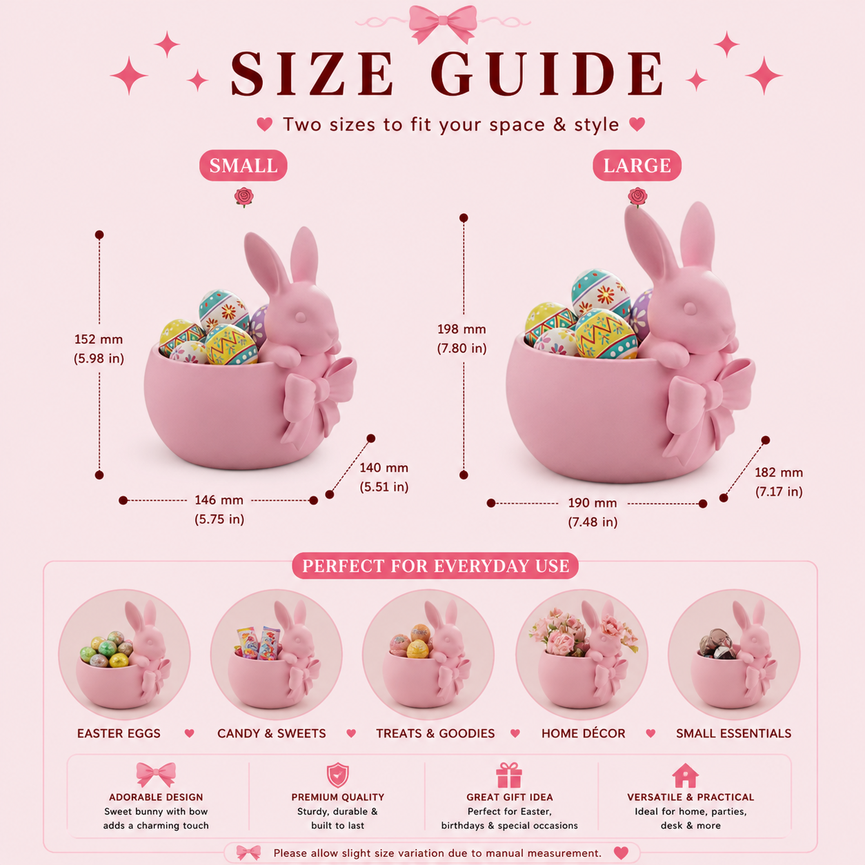 Pink Easter bowl with a bunny and bow detail, used as a cute candy dish for Easter eggs, chocolates, and spring table decor.