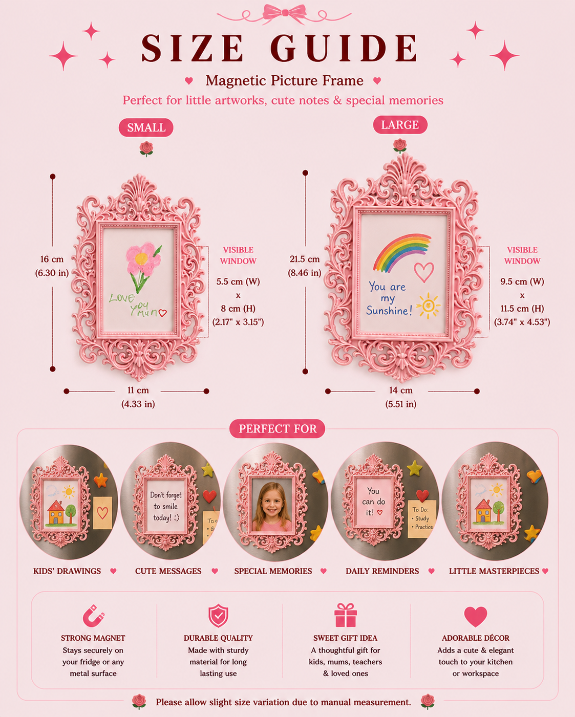 Pink Ornate Magnetic Fridge Frame, Kids Art Display, Mother's Day Gift