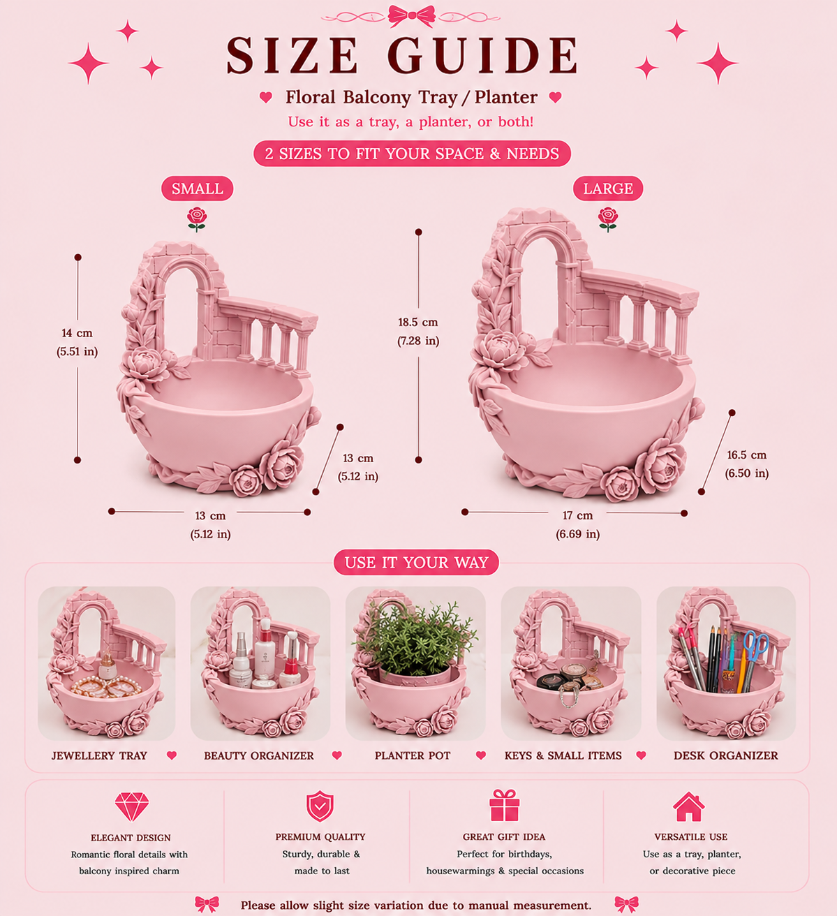 Pink Floral Balcony Tray Planter, Romantic Vanity Organizer, Cottagecore Jewelry Bowl, Decorative Desk Tray, Fairy Garden Planter Pot