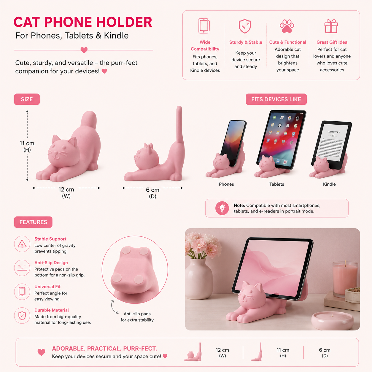 This cute cat phone stand holder is perfect for keeping your smartphone upright on your desk while adding a fun decoration for cat lovers.