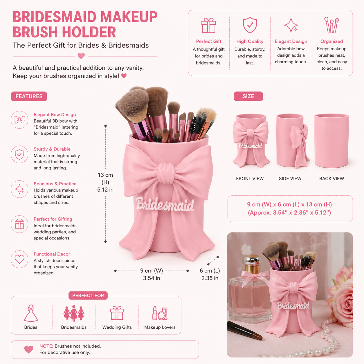 Personalised Pink Bow Makeup Brush Holder – Cute Vanity Organizer, Coquette Makeup Brush Cup, Girly Desk Organizer, Beauty Storage Gift for Her