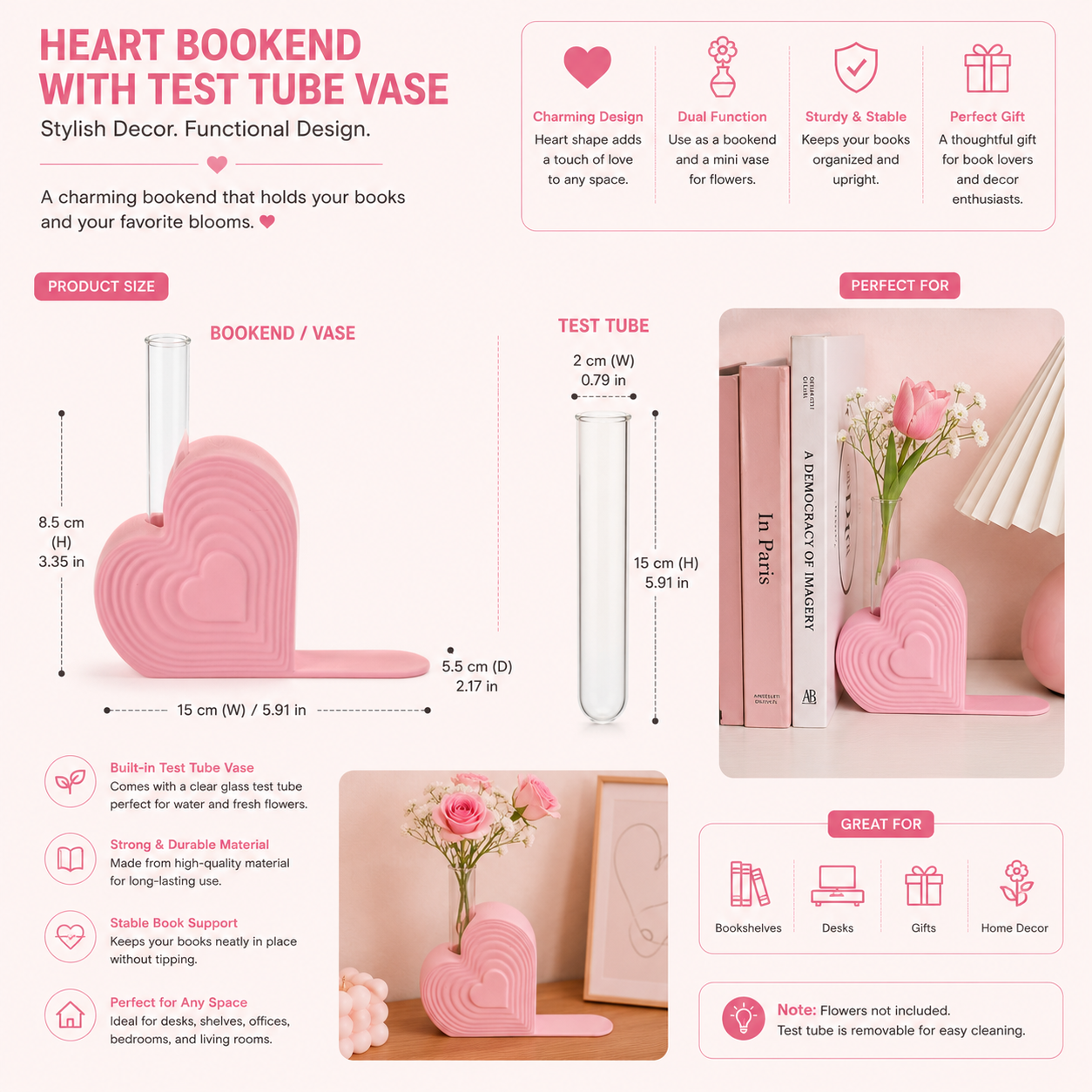 Pink heart bookend that doubles as a test tube vase, styled on a desk with books; romantic shelf decor and Valentine’s gift for book lovers.