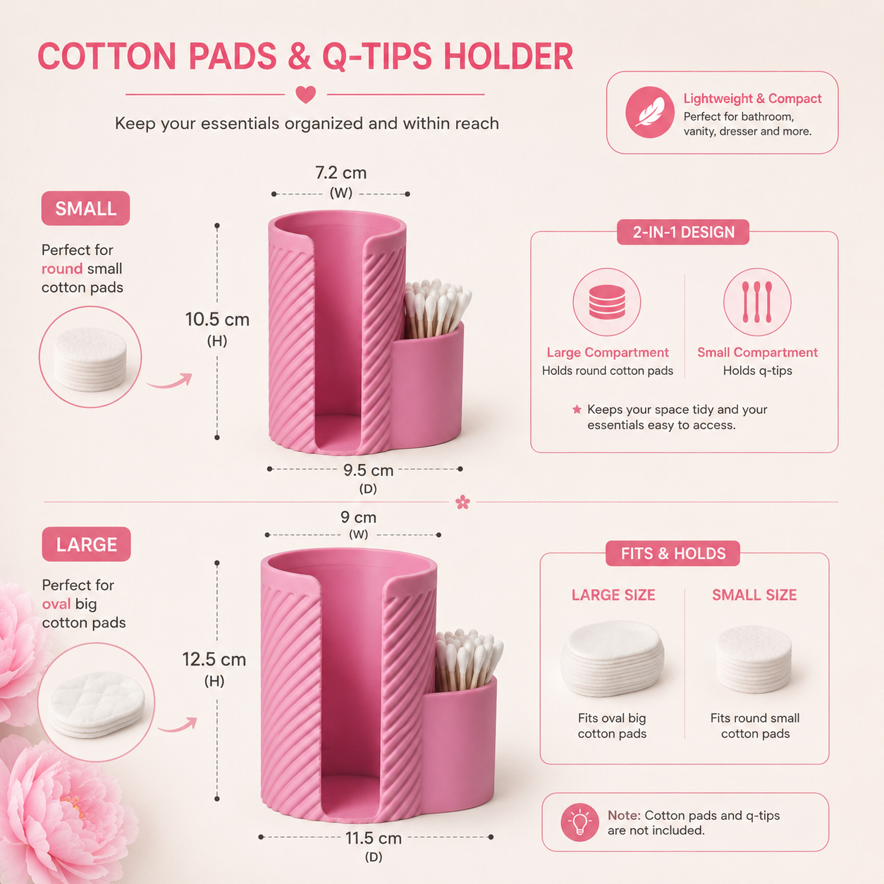 White makeup cotton pad holder with side cup for cotton buds on a vanity; minimal bathroom organizer for cotton rounds and Q-tips.