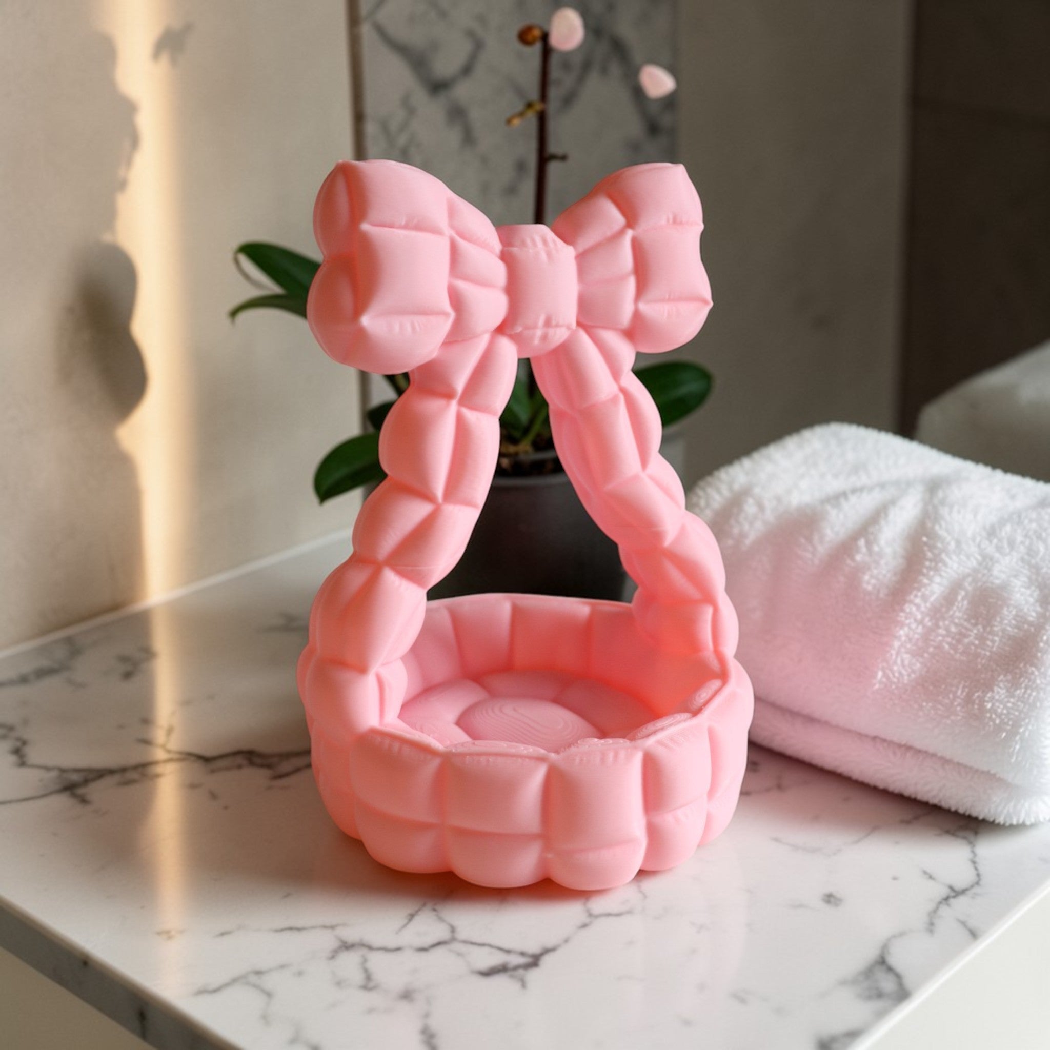 Quilted bow catchall basket used as jewelry dish on vanity, cute aesthetic decor
Pink bow jewelry holder with padded handle, decorative trinket dish for nightstand
Bow shaped quilted basket for rings and earrings, feminine desk and vanity organizer
Aesthetic bow catchall basket with quilted texture, stylish storage for small essentials