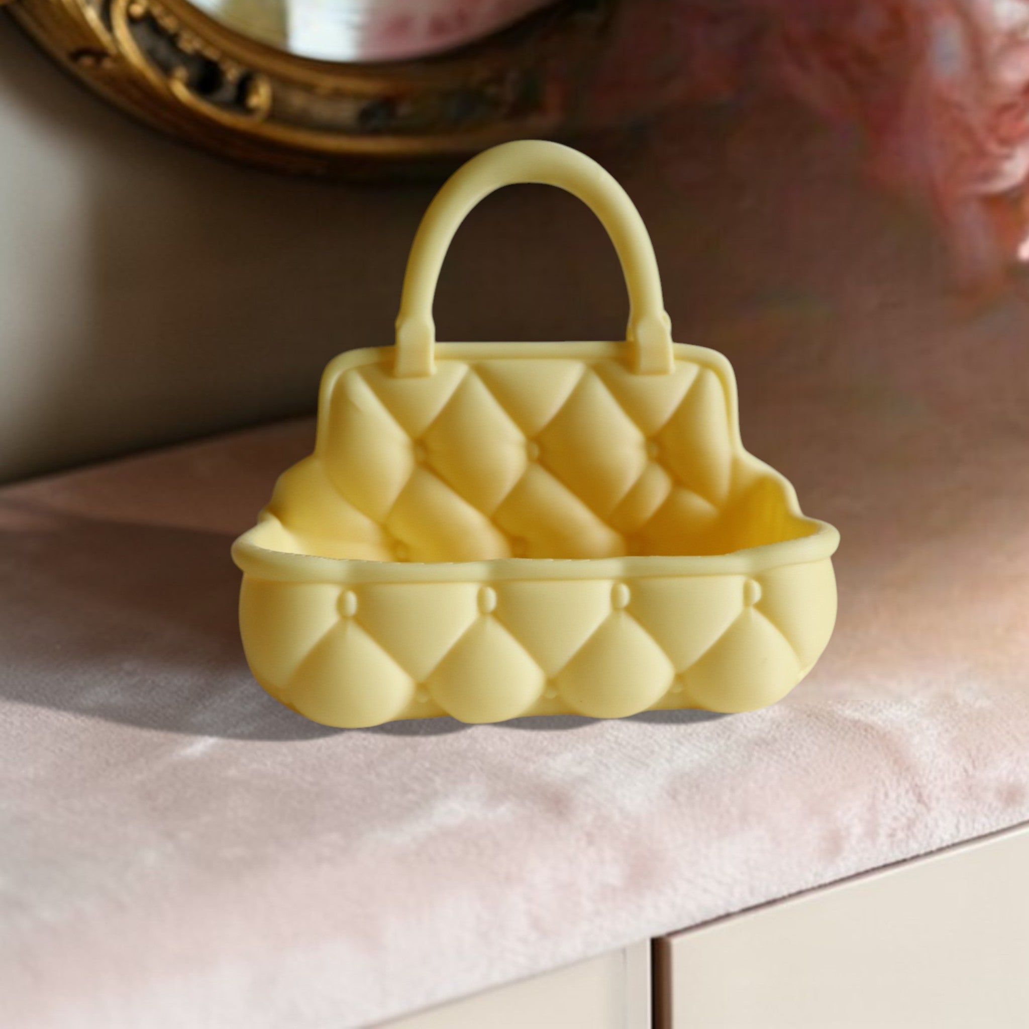 Quilted catchall basket with tufted detailing on vanity countertop, plush makeup and skincare organizer
Soft padded vanity basket with handle holding makeup brushes and skincare bottles
Decorative quilted organizer basket for bathroom or dresser storage
Aesthetic vanity catchall basket used for jewelry, makeup, and daily essentials