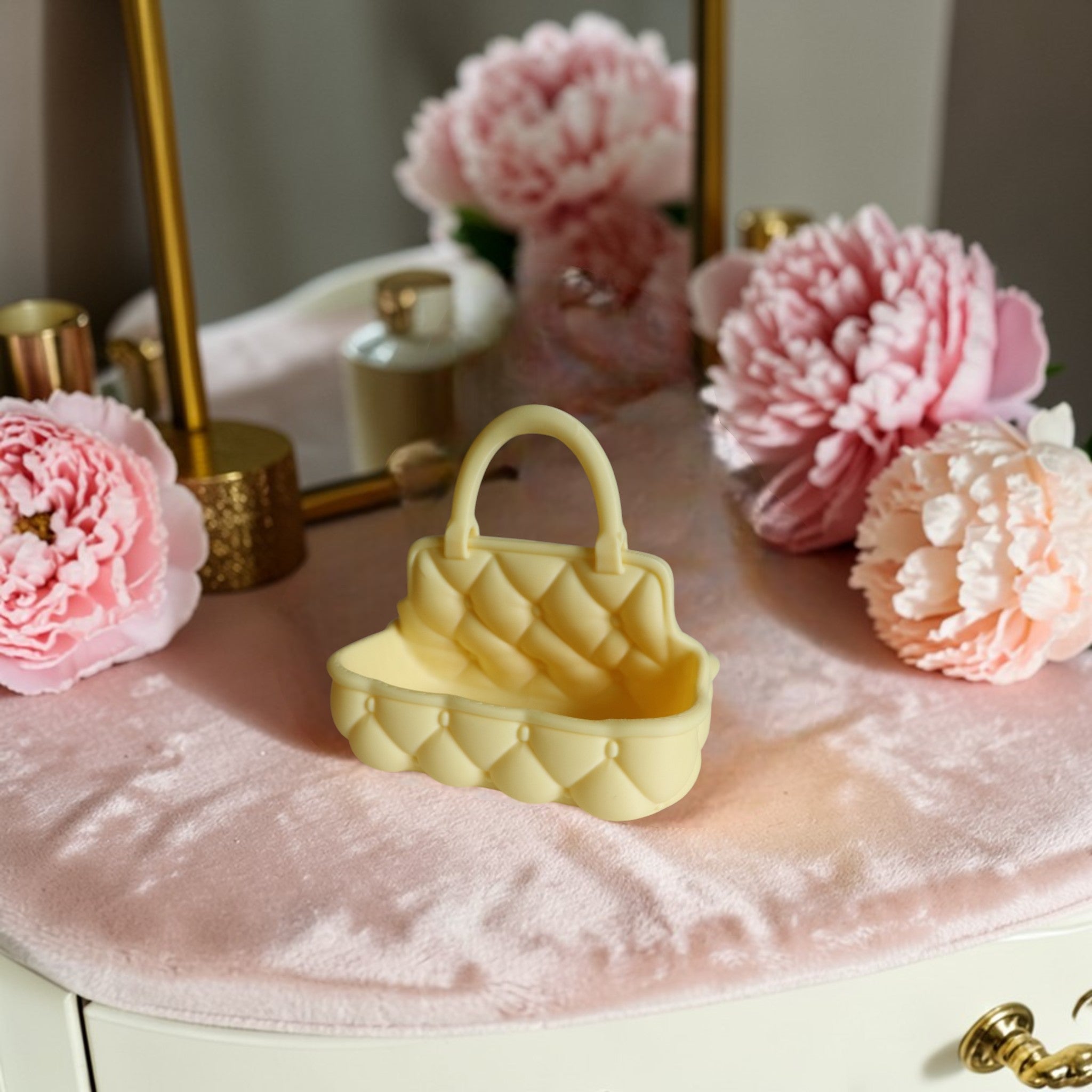 Quilted catchall basket with tufted detailing on vanity countertop, plush makeup and skincare organizer
Soft padded vanity basket with handle holding makeup brushes and skincare bottles
Decorative quilted organizer basket for bathroom or dresser storage
Aesthetic vanity catchall basket used for jewelry, makeup, and daily essentials