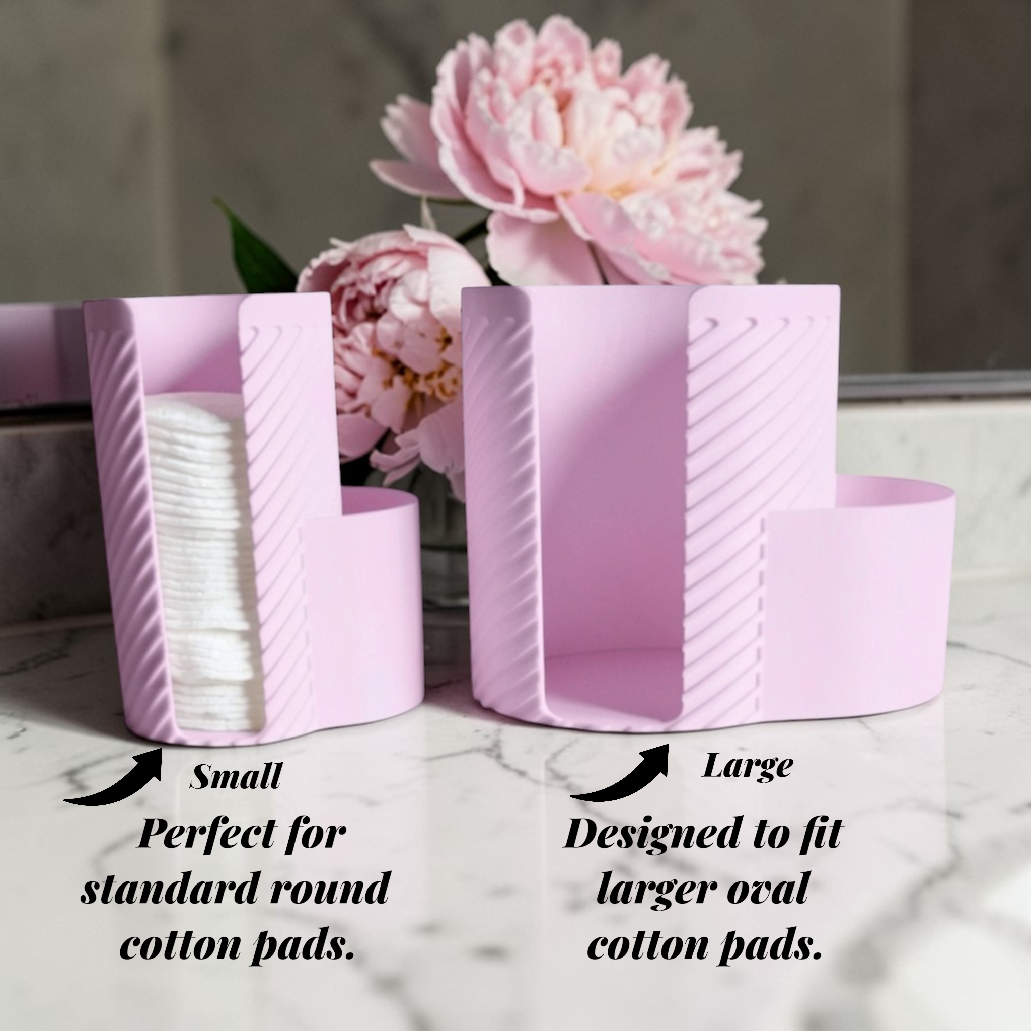 White makeup cotton pad holder with side cup for cotton buds on a vanity; minimal bathroom organizer for cotton rounds and Q-tips.