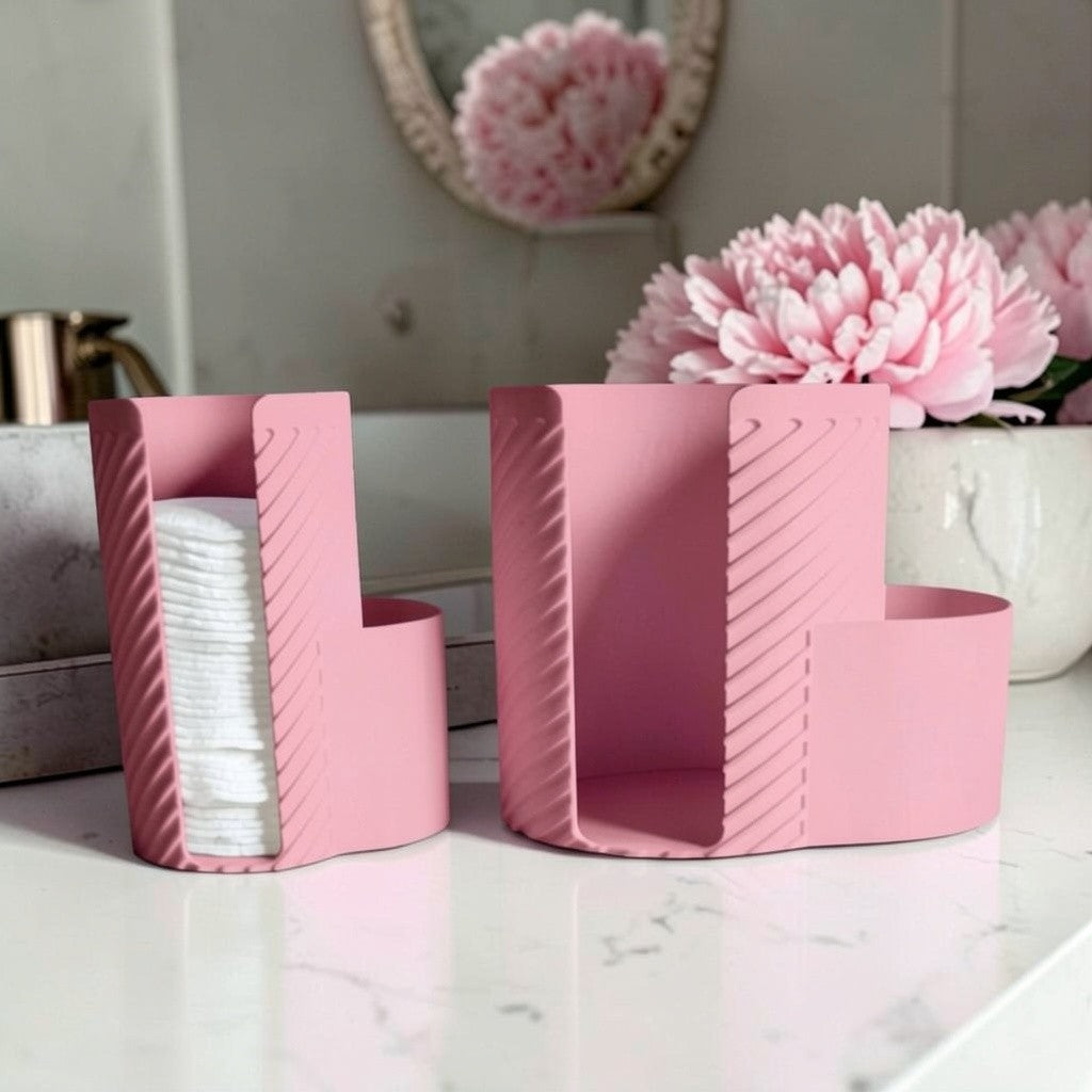 White makeup cotton pad holder with side cup for cotton buds on a vanity; minimal bathroom organizer for cotton rounds and Q-tips.