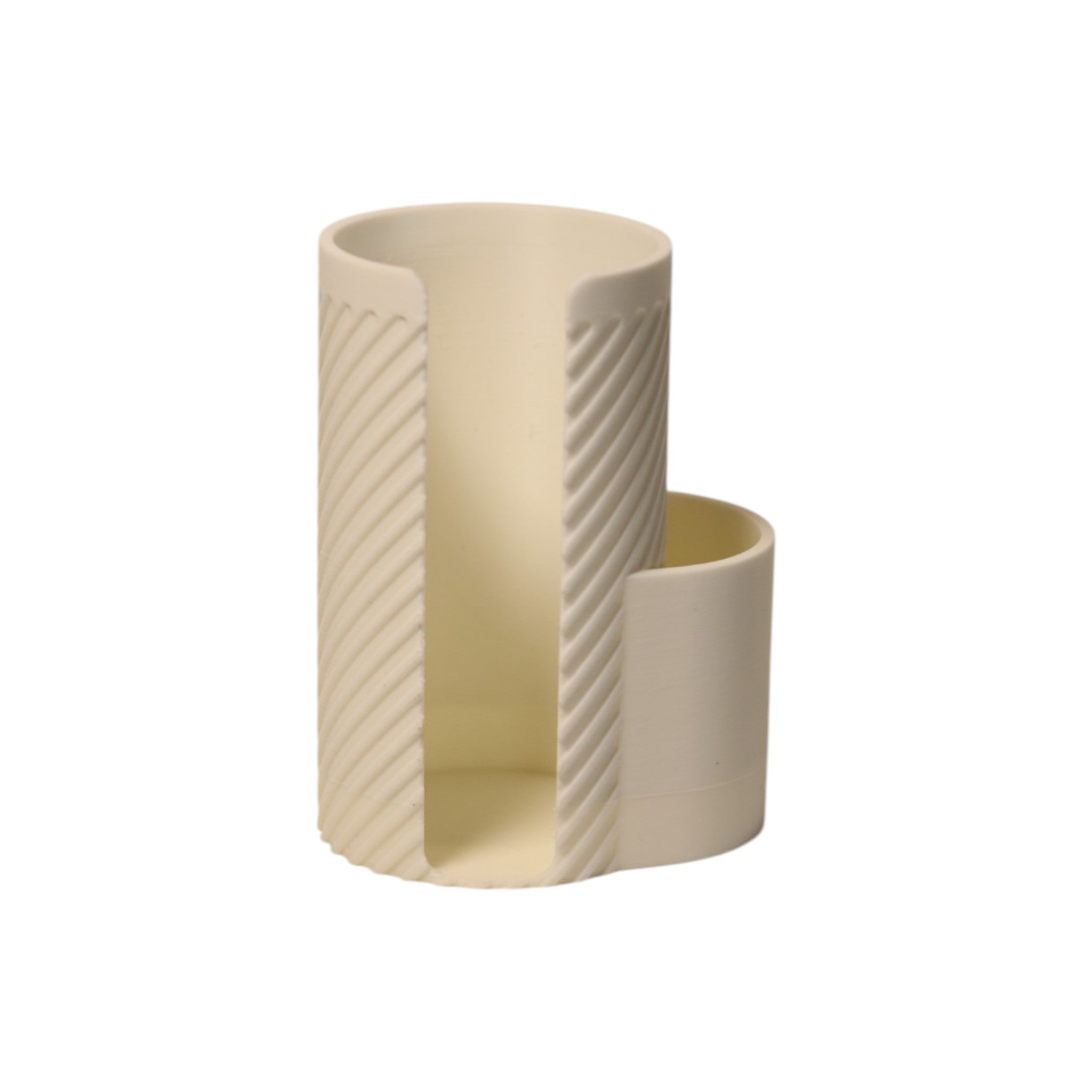 White makeup cotton pad holder with side cup for cotton buds on a vanity; minimal bathroom organizer for cotton rounds and Q-tips.