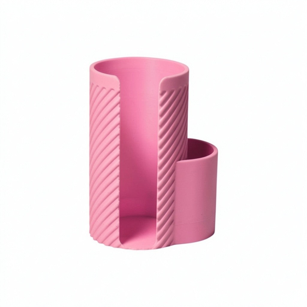 White makeup cotton pad holder with side cup for cotton buds on a vanity; minimal bathroom organizer for cotton rounds and Q-tips.