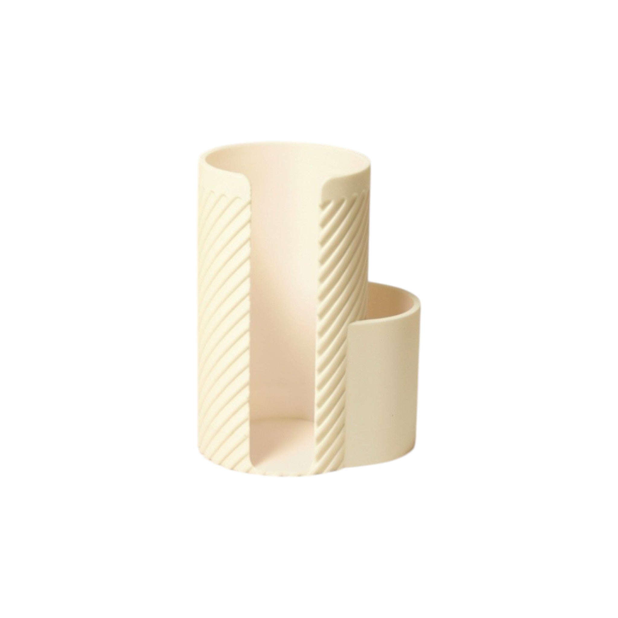 White makeup cotton pad holder with side cup for cotton buds on a vanity; minimal bathroom organizer for cotton rounds and Q-tips.