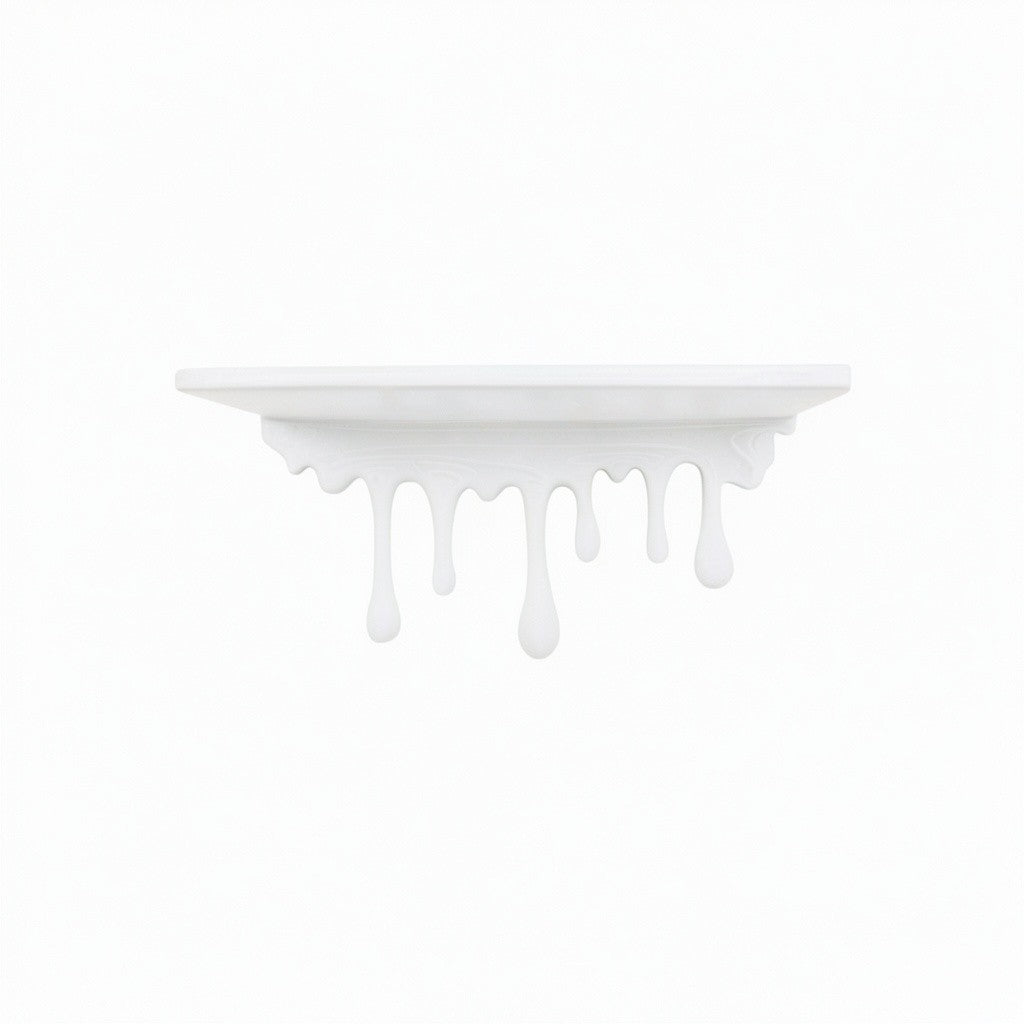 Modern dripping wall shelf with a unique flowing design, mounted on a white wall, showcasing minimalist decor and providing stylish storage for books, plants, or decorative items.