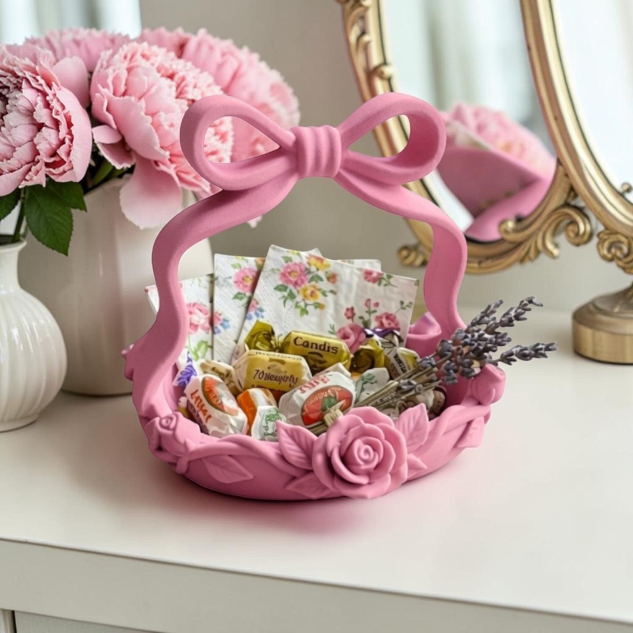 Pink Bow Basket, Coquette Vanity Tray, Floral Rose Organizer