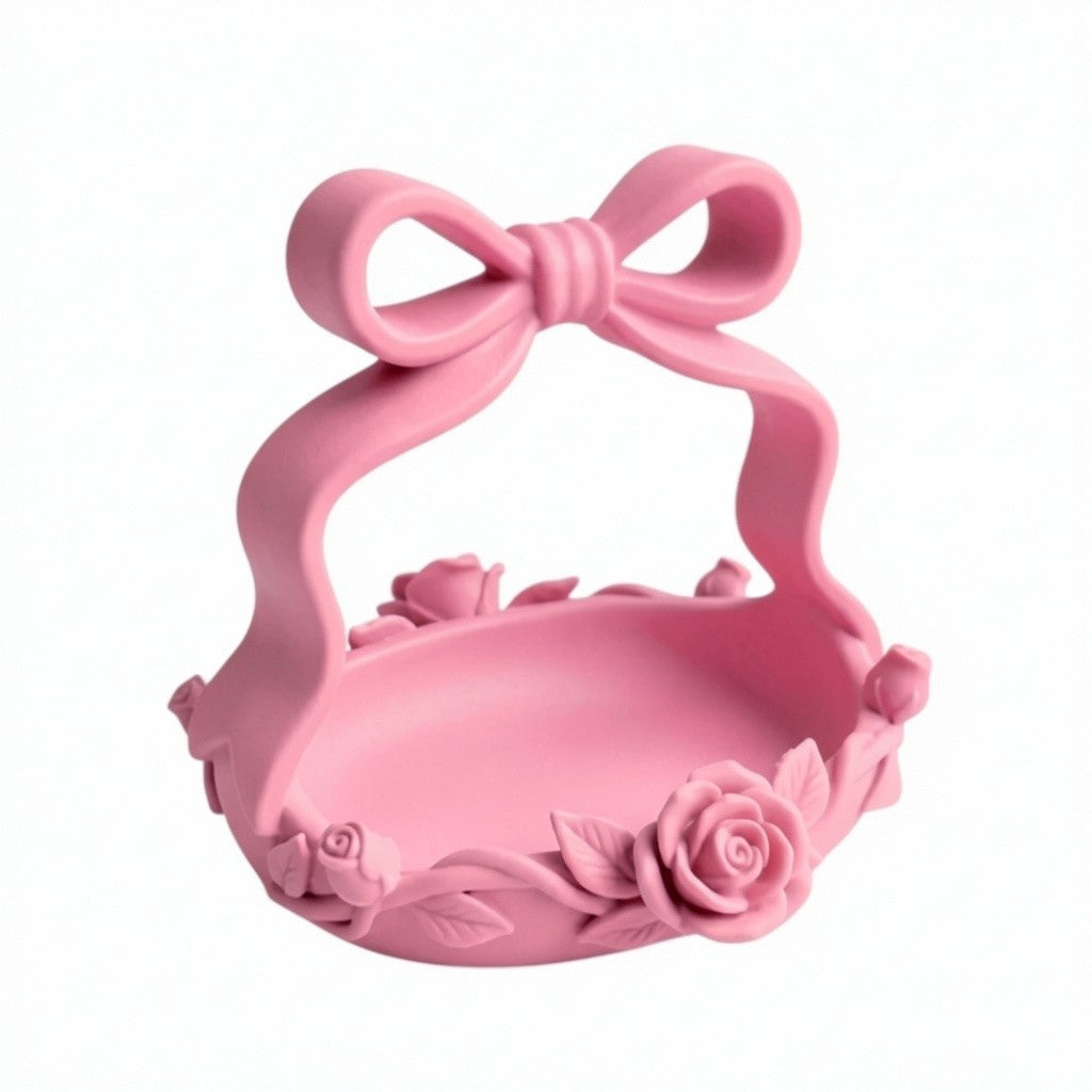 Pink Bow Basket, Coquette Vanity Tray, Floral Rose Organizer