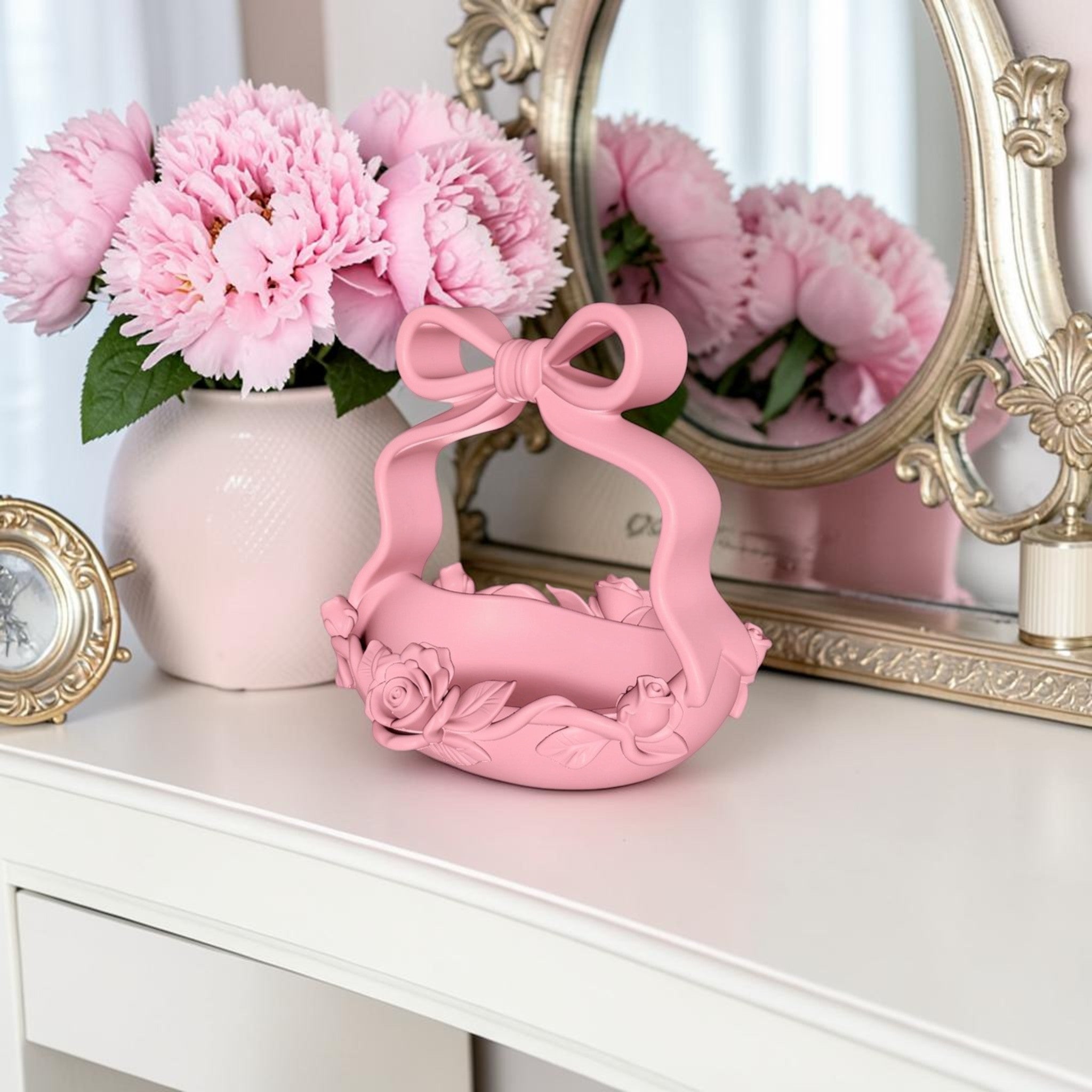 Pink Bow Basket, Coquette Vanity Tray, Floral Rose Organizer