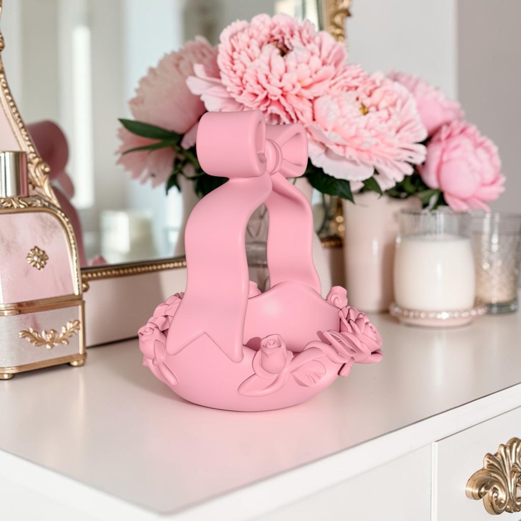 Pink Bow Basket, Coquette Vanity Tray, Floral Rose Organizer
