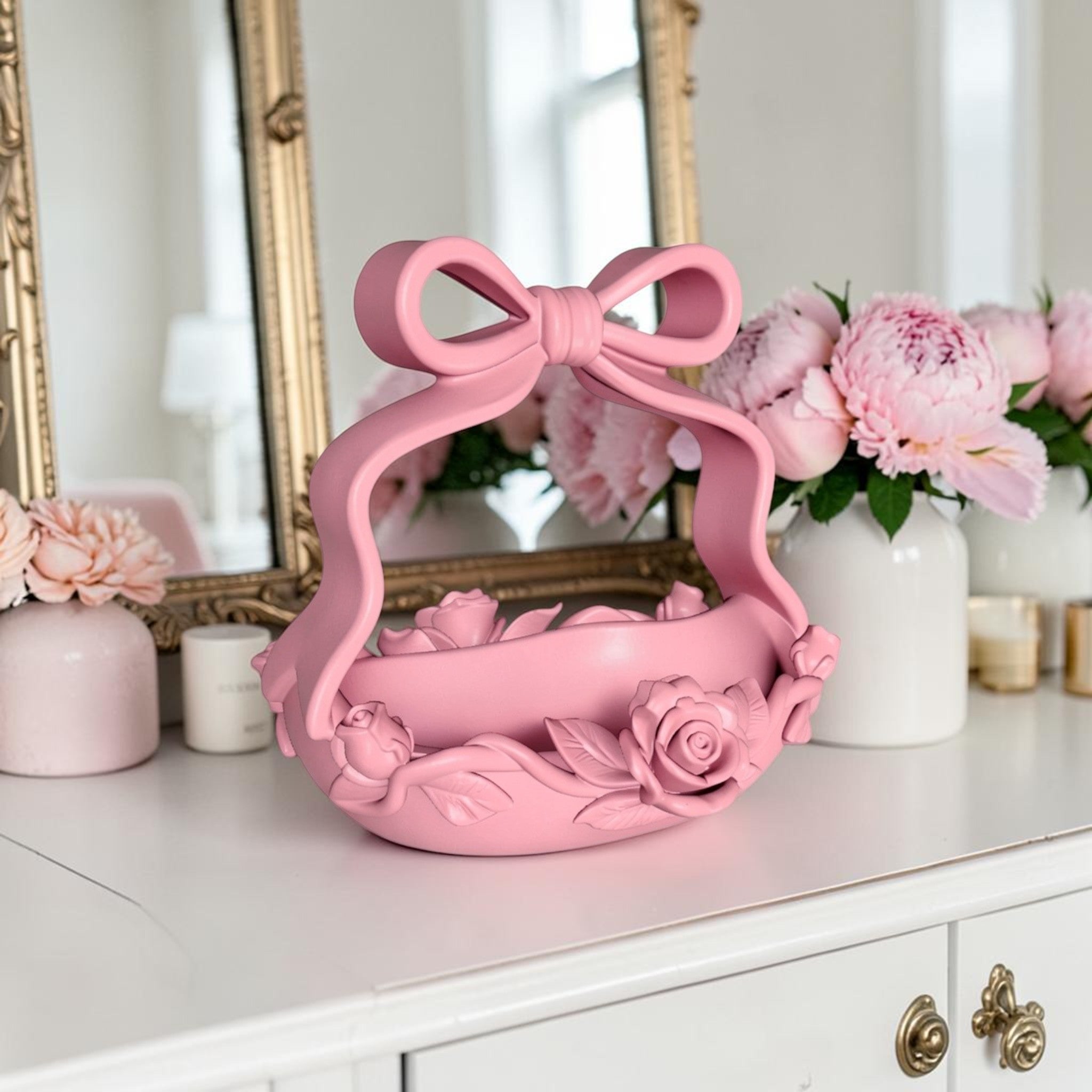 Pink Bow Basket, Coquette Vanity Tray, Floral Rose Organizer
