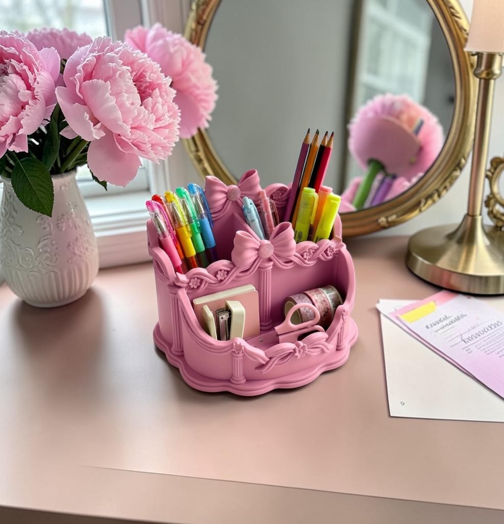 Pink Bow Desk Organizer, Coquette Vanity Organizer, Makeup Brush Holder, Rococo Desk Accessories, Feminine Office Decor, Cute Pen Holder, Pink Makeup Storage