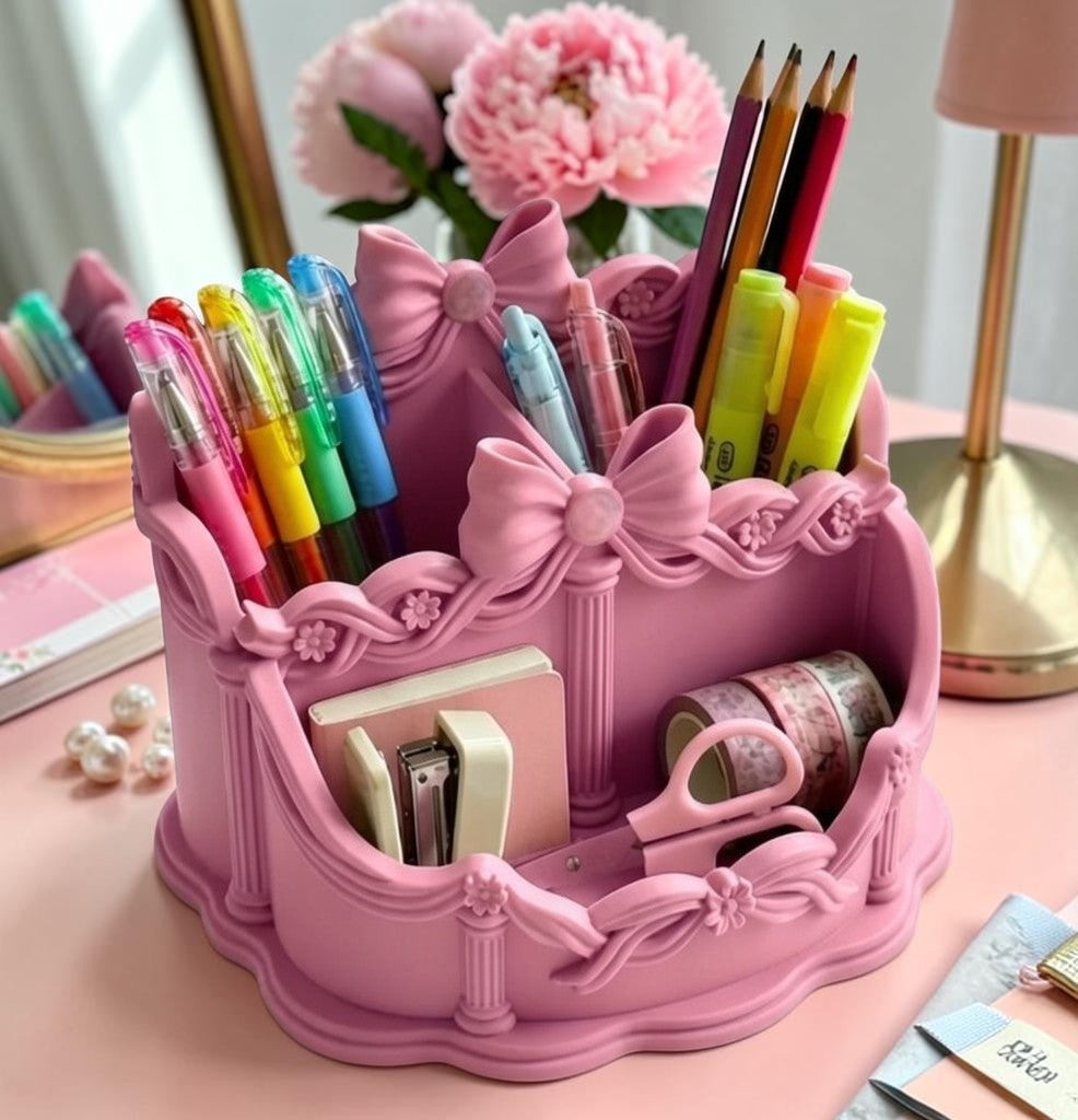 Pink Bow Desk Organizer, Coquette Vanity Organizer, Makeup Brush Holder, Rococo Desk Accessories, Feminine Office Decor, Cute Pen Holder, Pink Makeup Storage