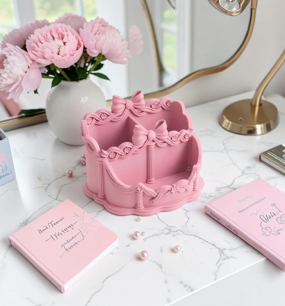 Pink Bow Desk Organizer, Coquette Vanity Organizer, Makeup Brush Holder, Rococo Desk Accessories, Feminine Office Decor, Cute Pen Holder, Pink Makeup Storage